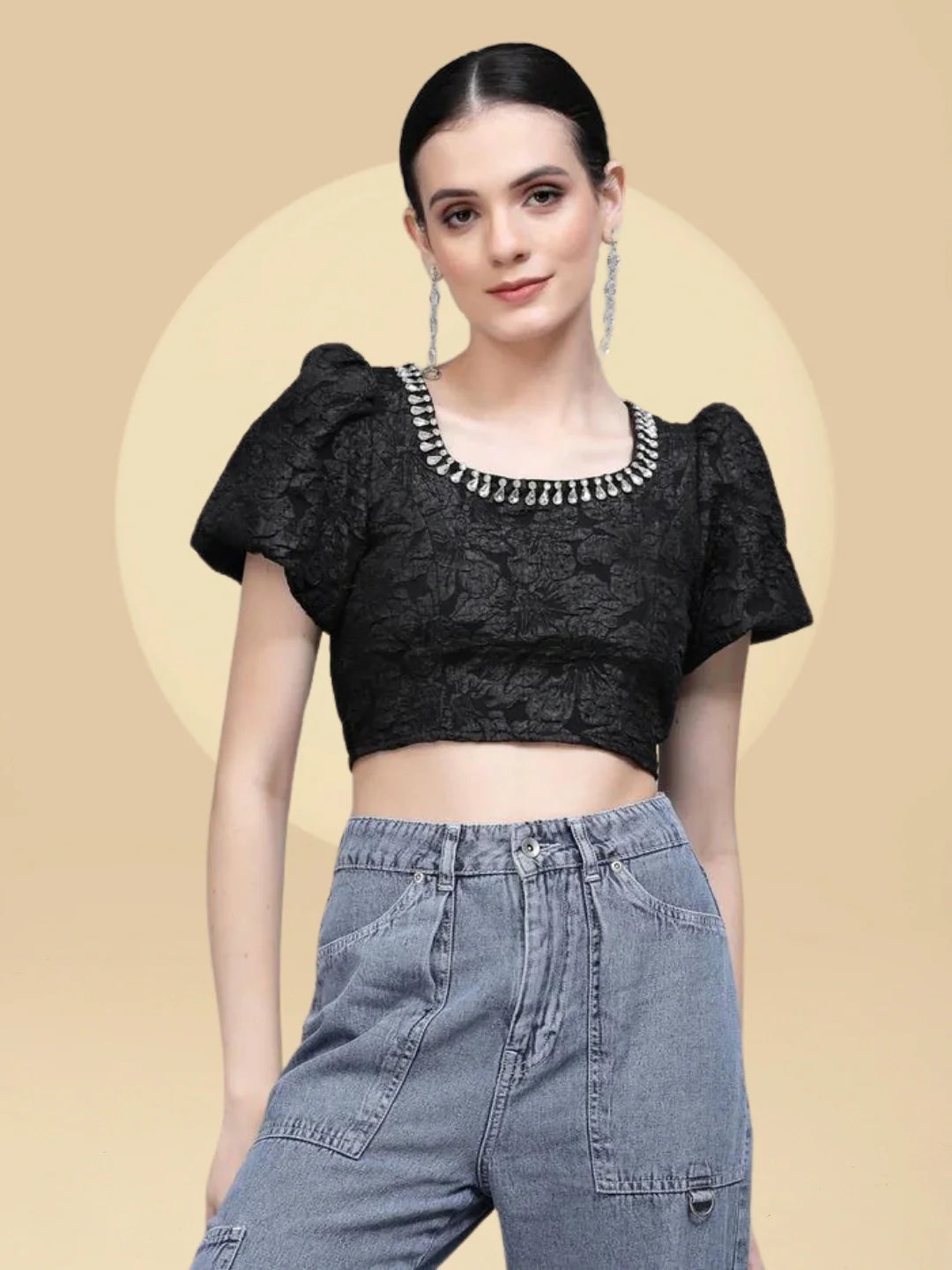 Black Jacquard Embellished Crop Top