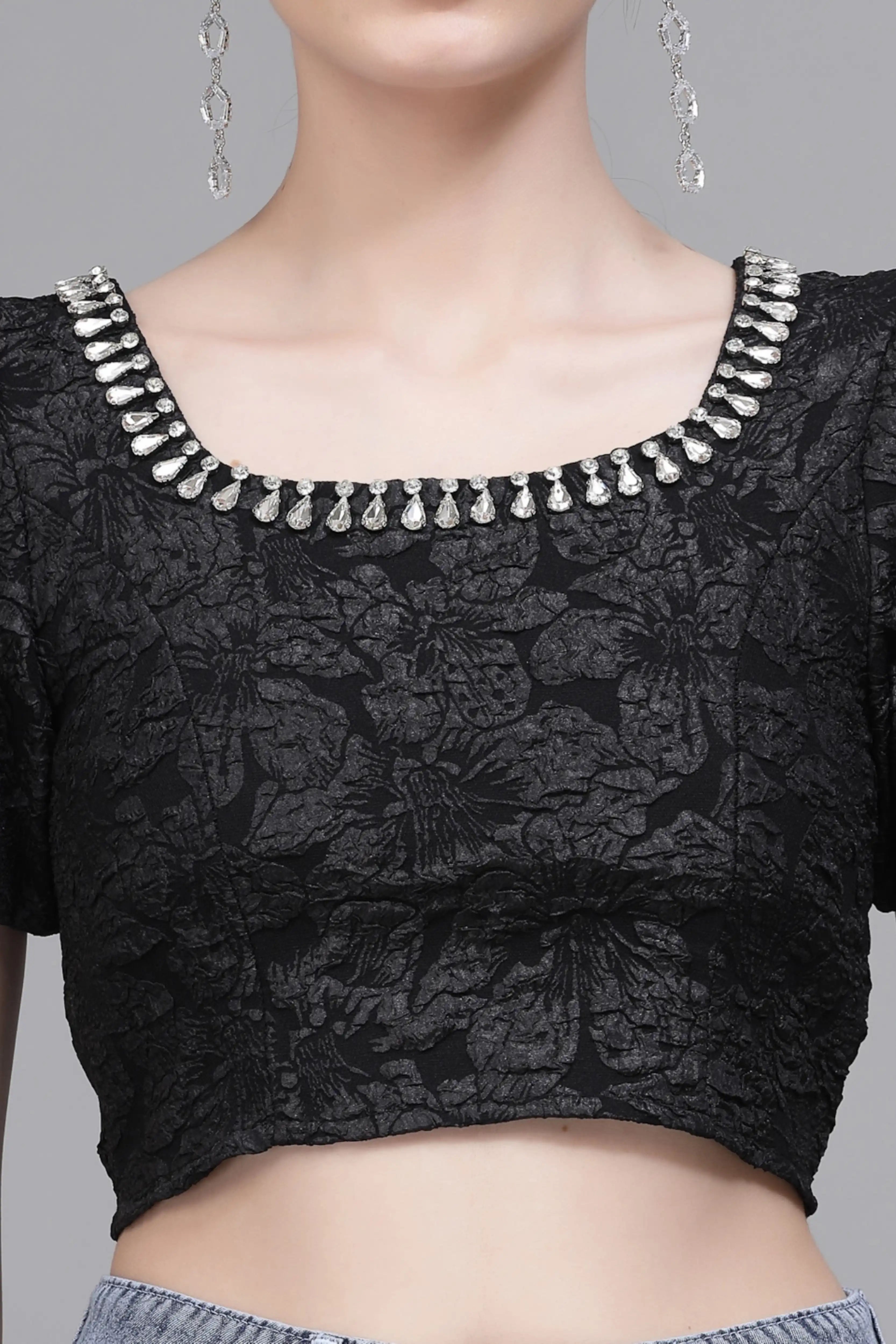 Black Jacquard Embellished Crop Top