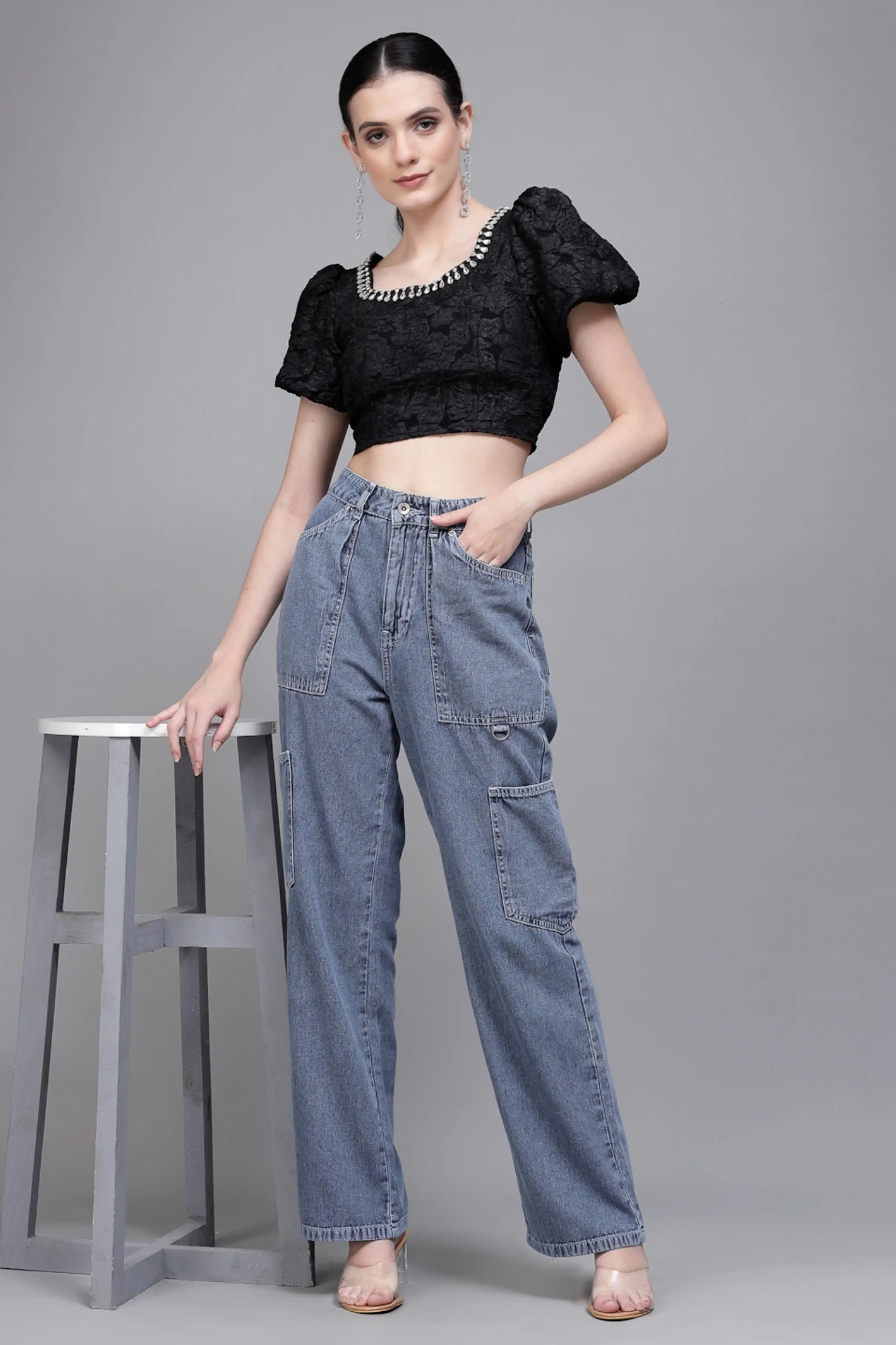 Black Jacquard Embellished Crop Top