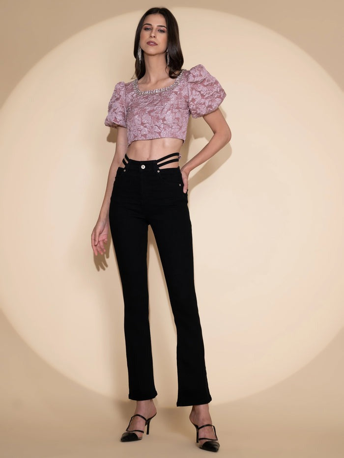 Black Jacquard Embellished Crop Top