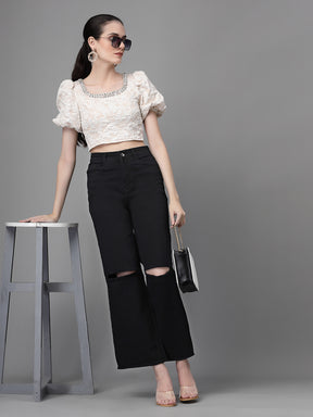 Black Jacquard Embellished Crop Top