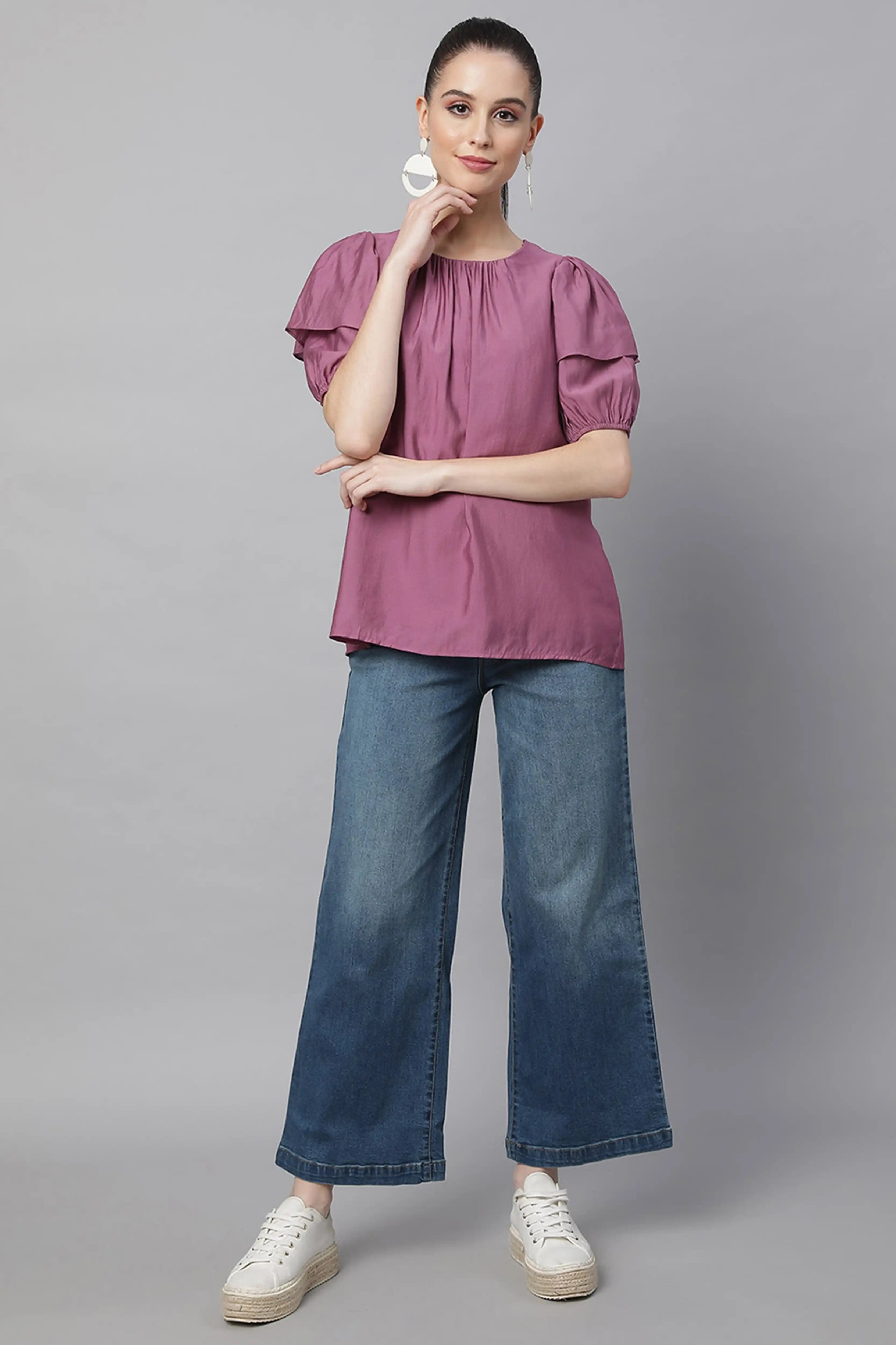 Flared Half Sleeves Rayon Blouson Top