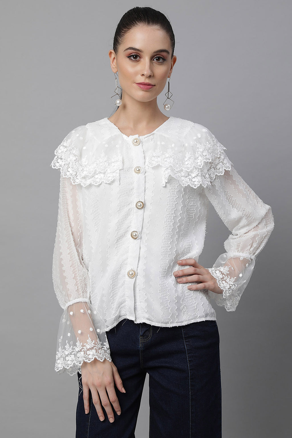 Women Loose Fit White Embroidered Lace Shirt – Global Rep...