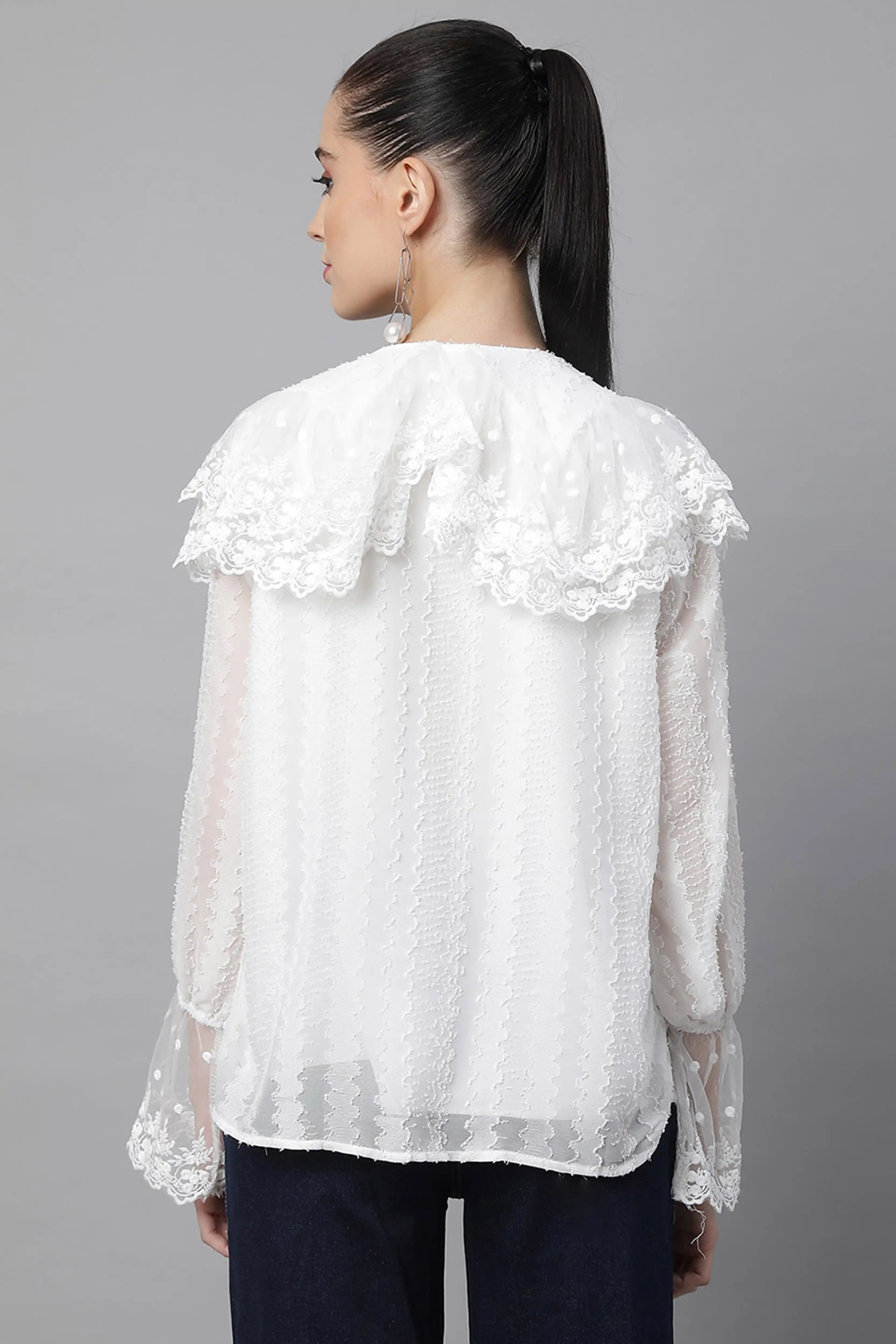 Loose Fit White Embroidered Lace Shirt