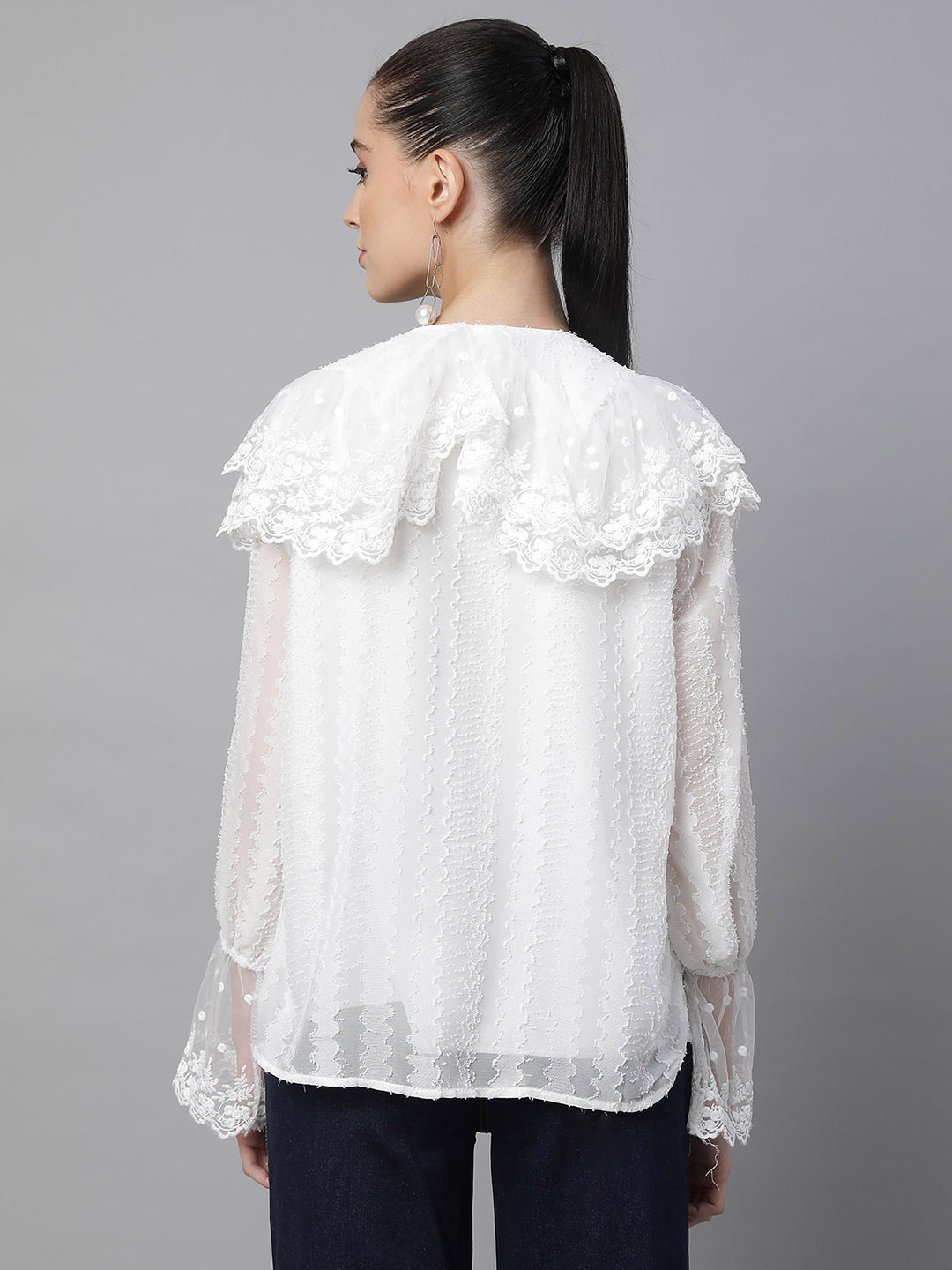 Women Loose Fit White Embroidered Lace Shirt - Global Republic