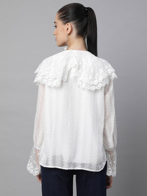 Women Loose Fit White Embroidered Lace Shirt - Global Republic