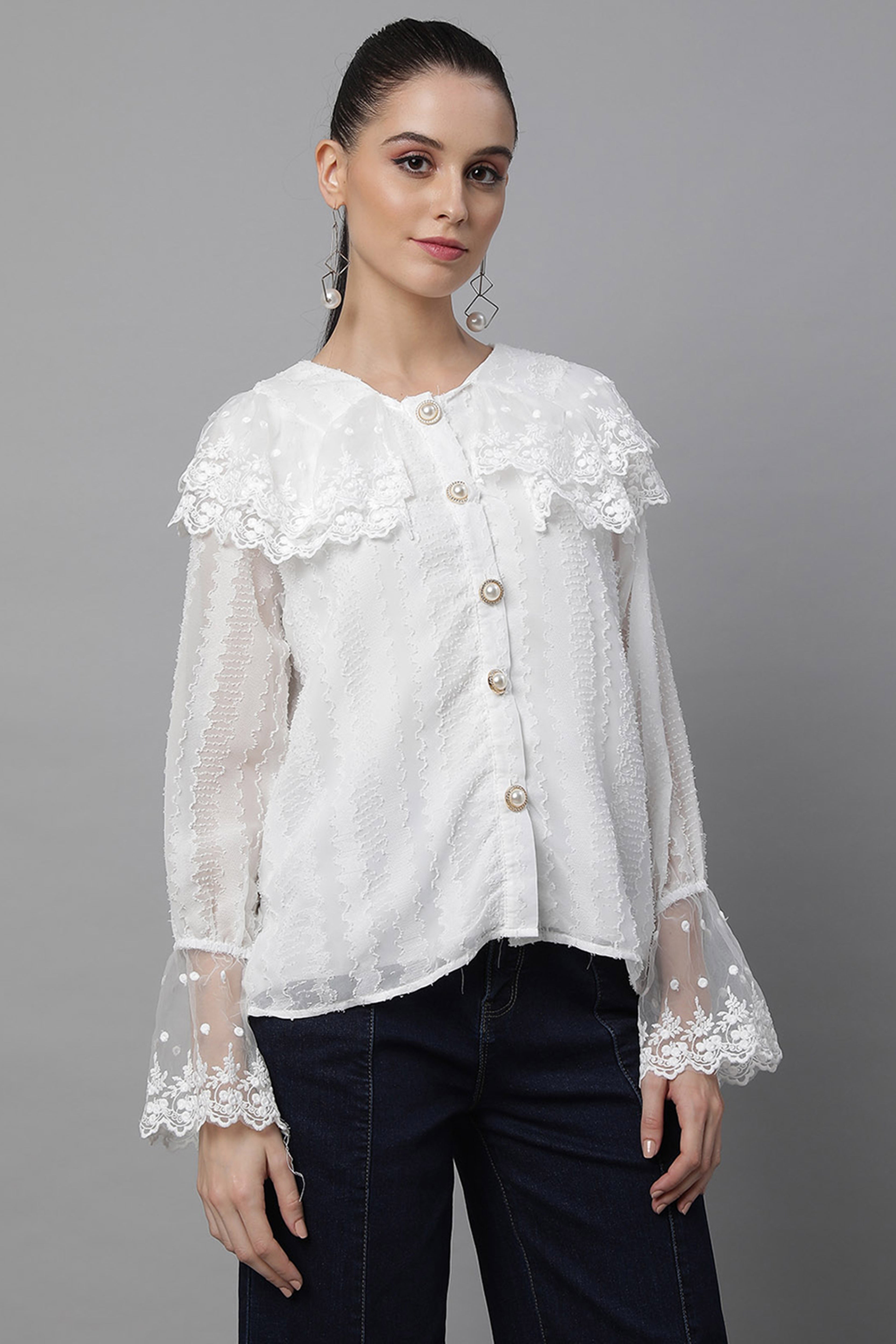 Loose Fit White Embroidered Lace Shirt