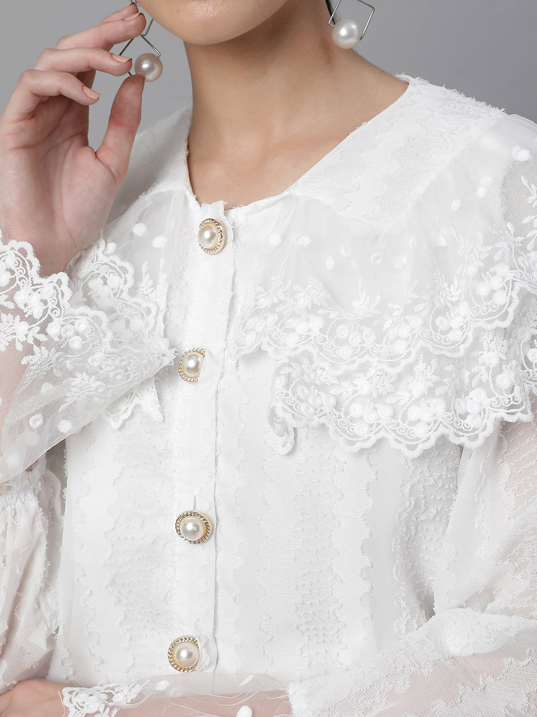 Women Loose Fit White Embroidered Lace Shirt - Global Republic