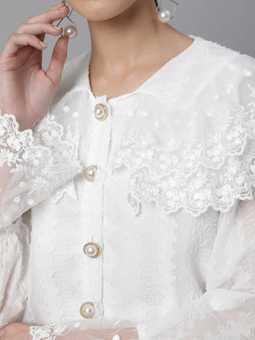 Women Loose Fit White Embroidered Lace Shirt - Global Republic