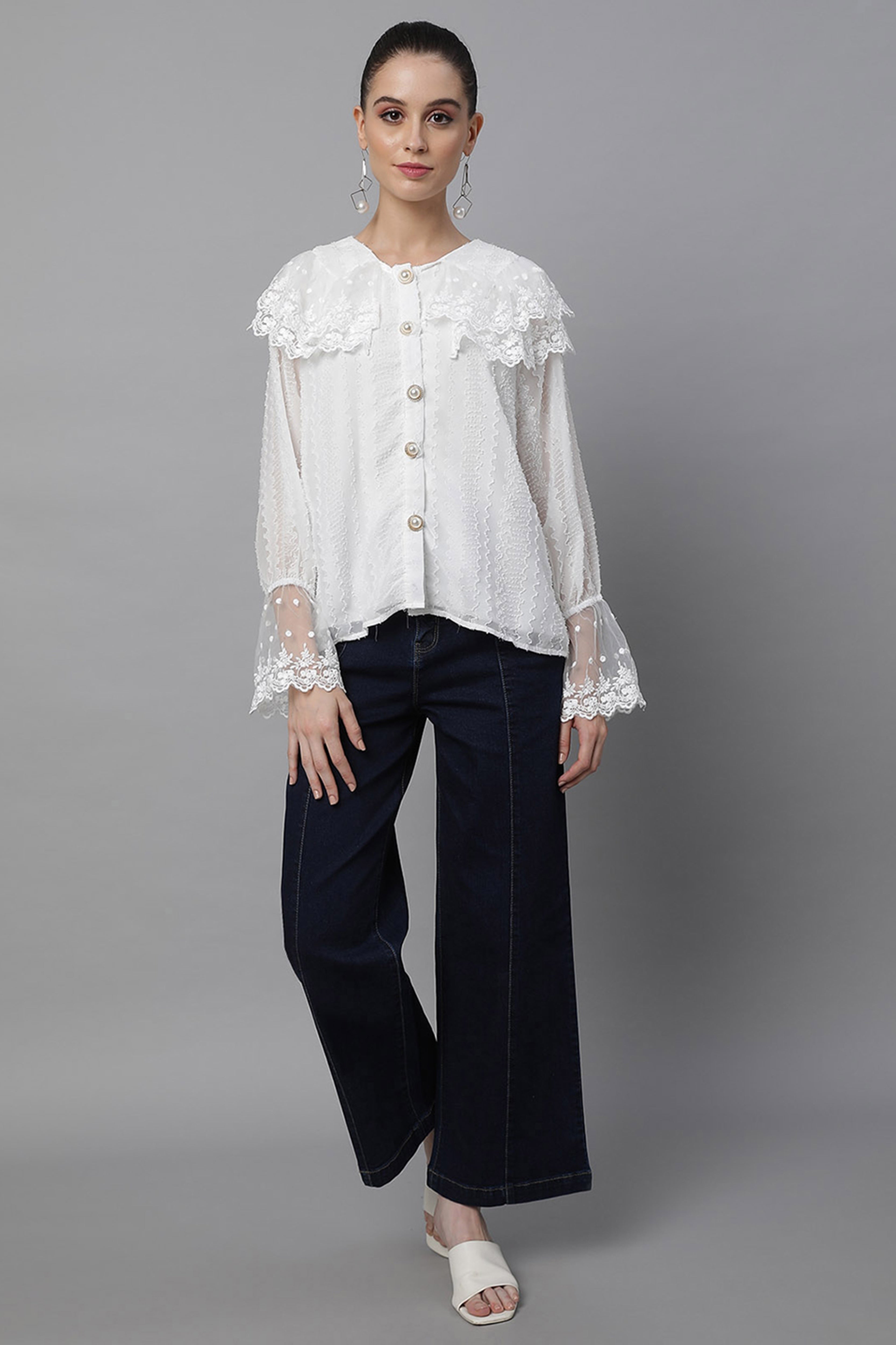 Loose Fit White Embroidered Lace Shirt