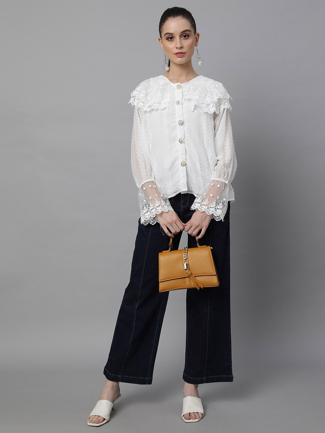 Women Loose Fit White Embroidered Lace Shirt - Global Republic
