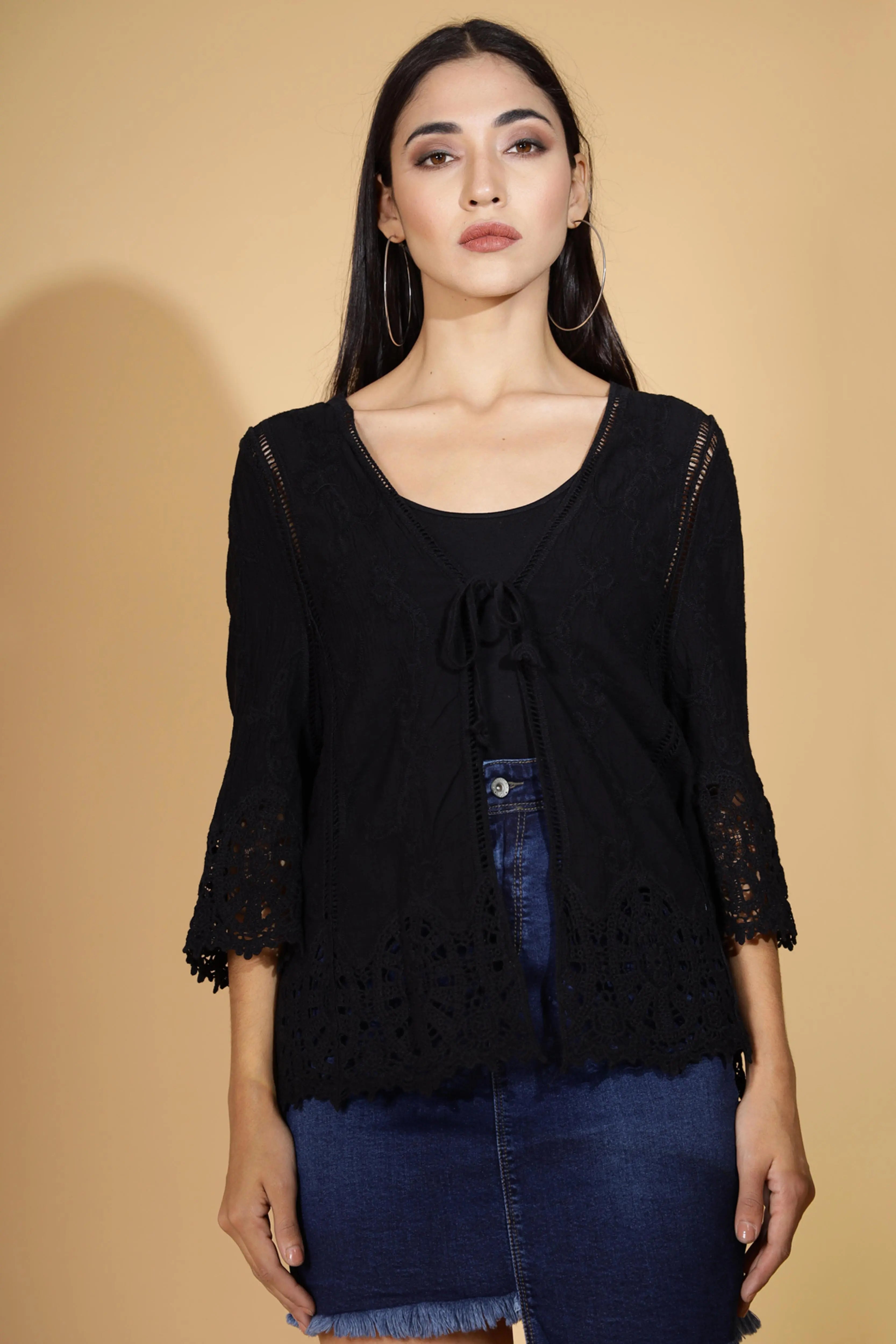 Women Black V-Neck Loose Fit Embroidered Shrug - Global Republic