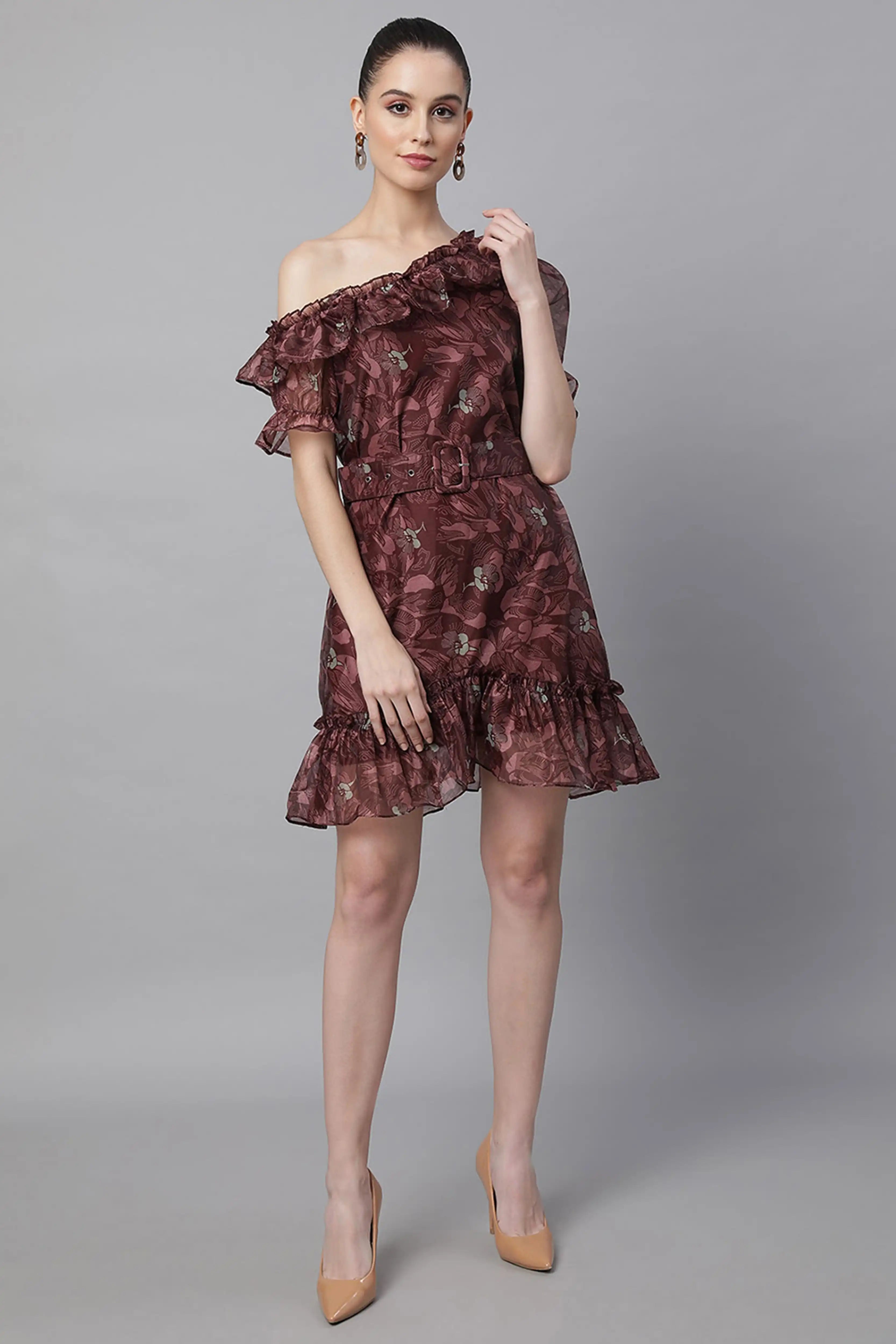 Wine Off Shoulder Printed Dress