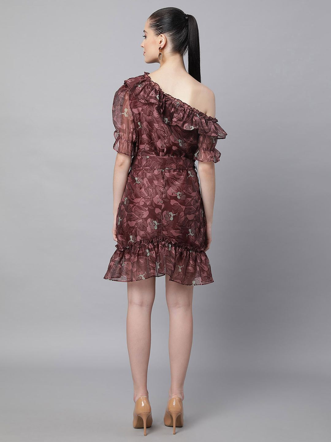 Wine Off Shoulder Printed  Dress With Waist Belt - Global Republic