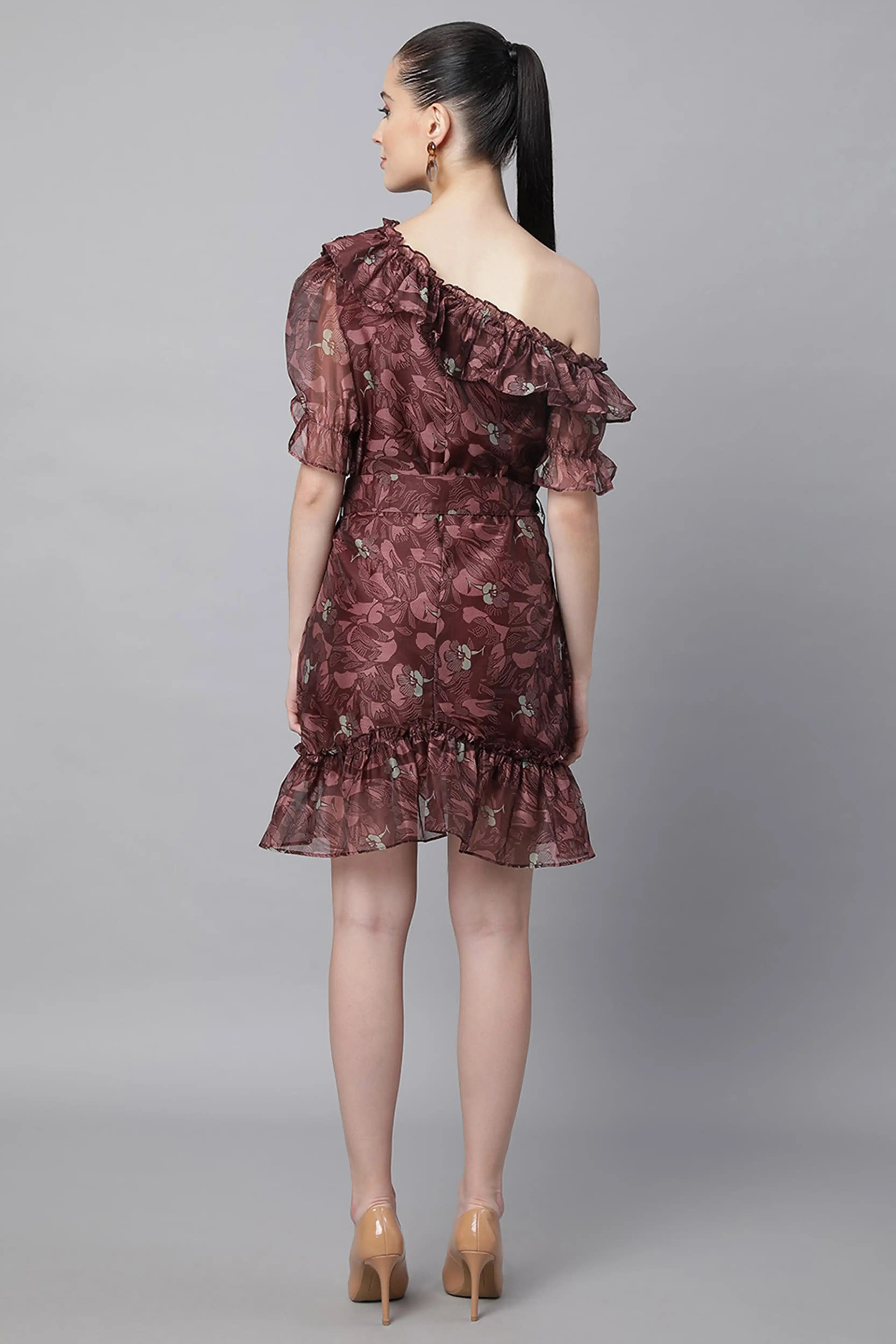 Wine Off Shoulder Printed Dress