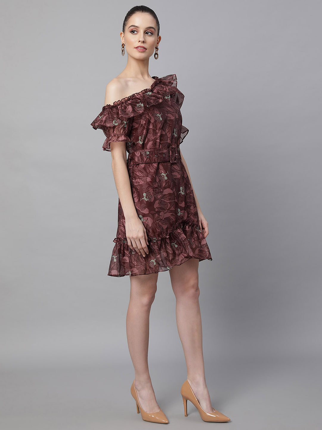Wine Off Shoulder Printed  Dress With Waist Belt - Global Republic