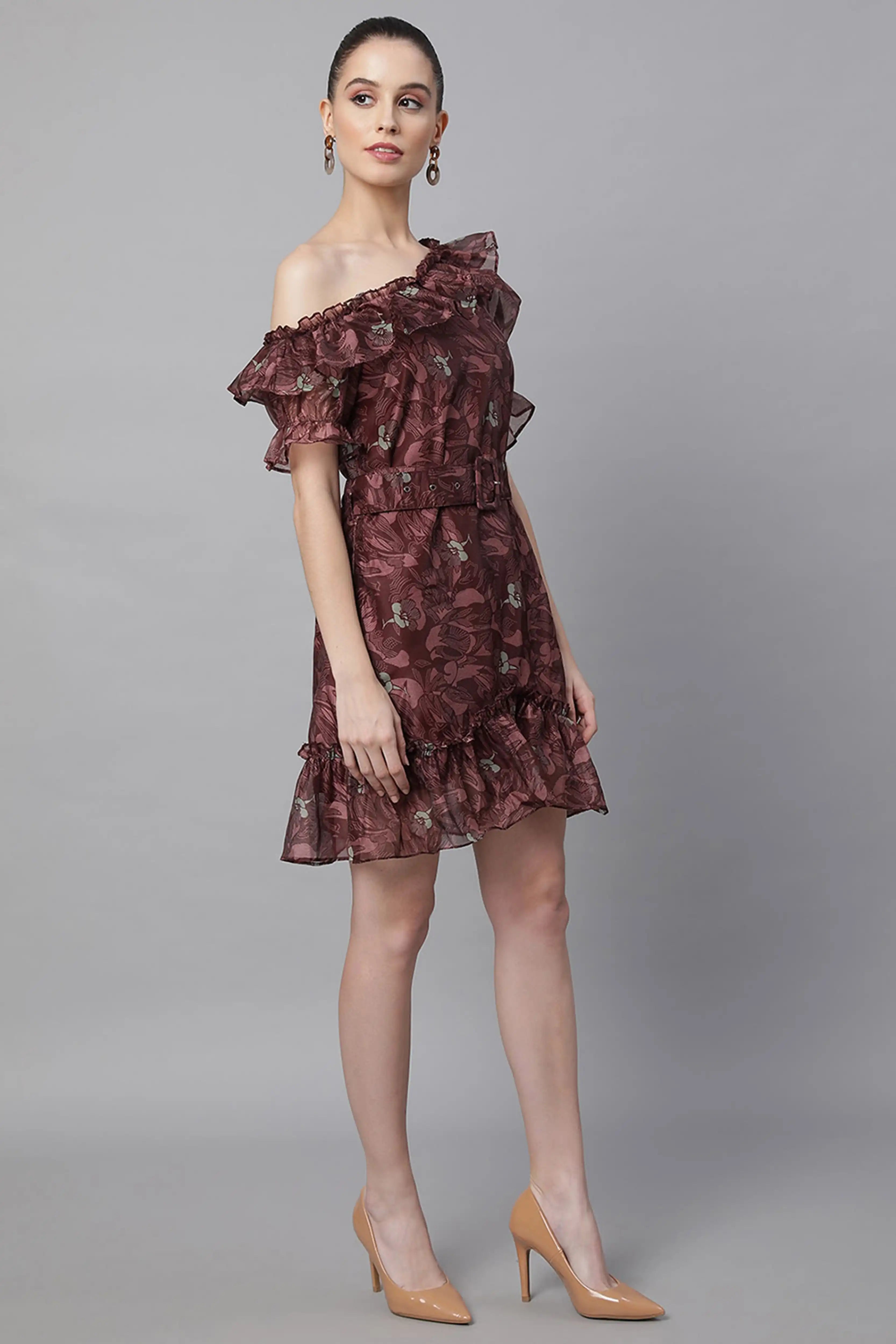 Wine Off Shoulder Printed Dress