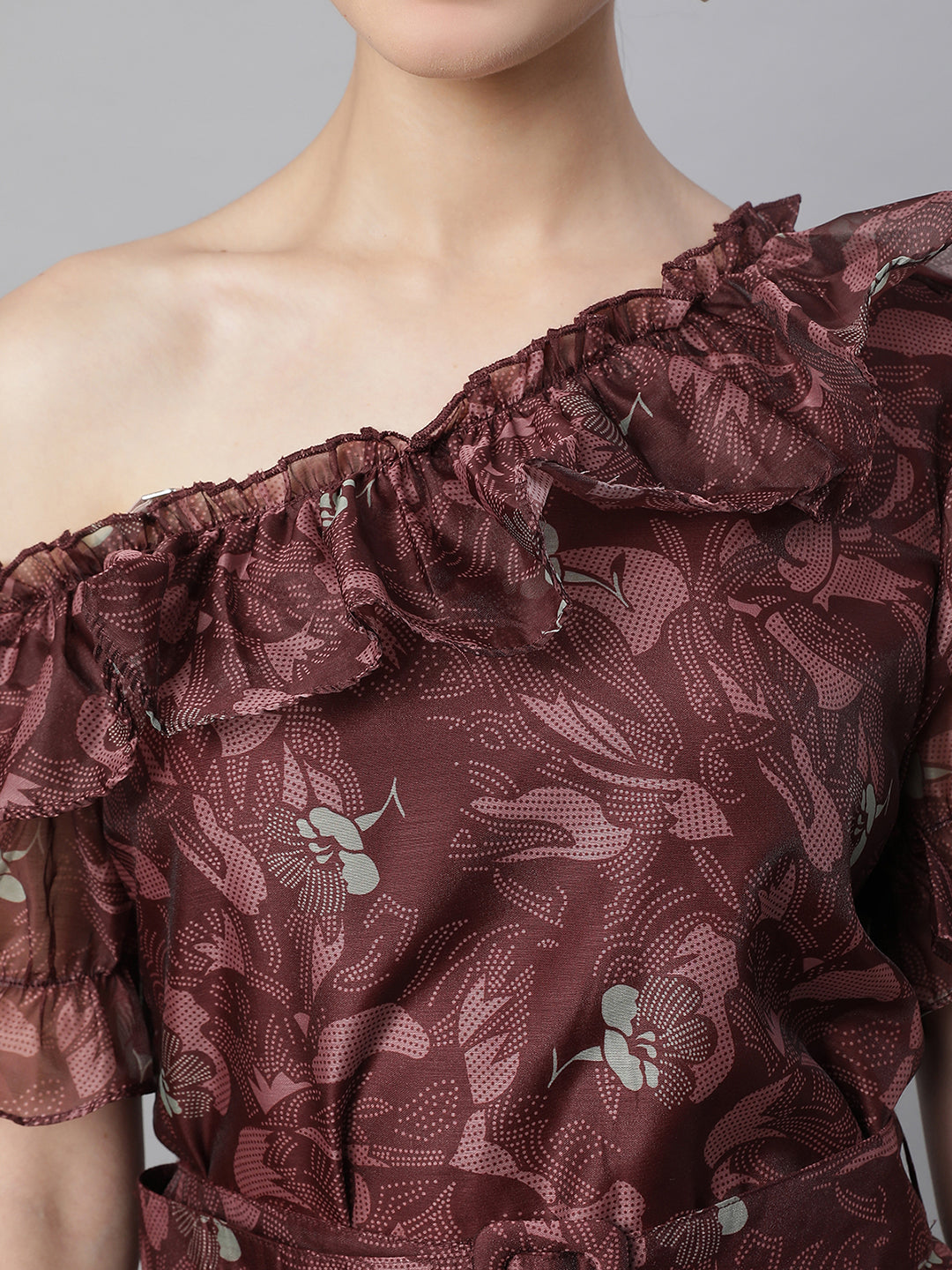Wine Off Shoulder Printed  Dress With Waist Belt - Global Republic