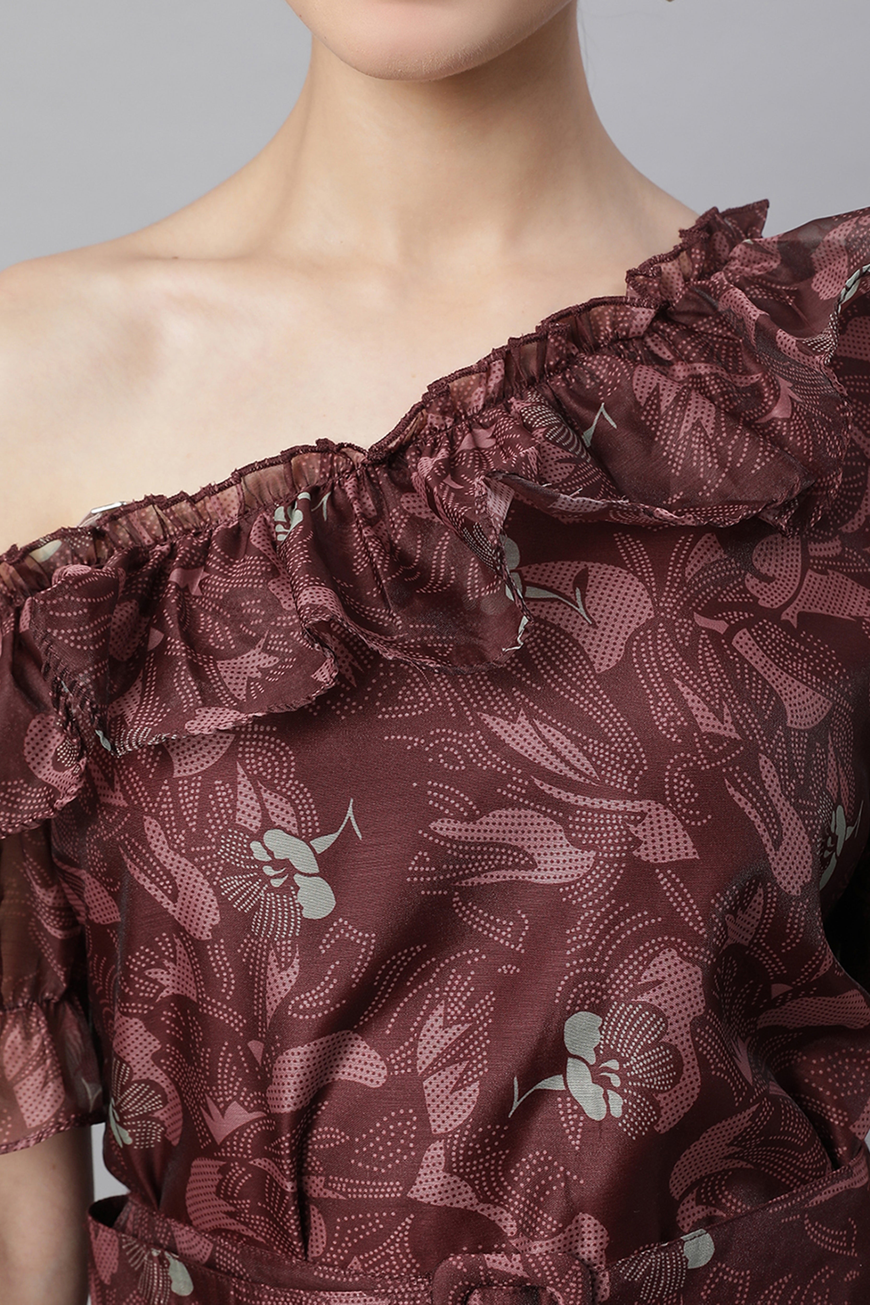 Wine Off Shoulder Printed Dress