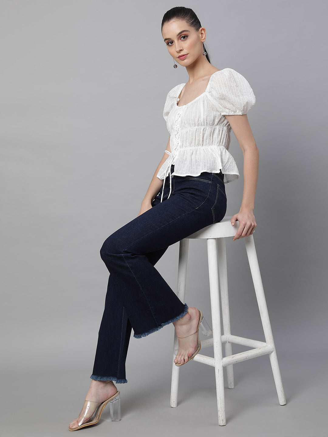 Blue Cotton Smocked Crop Top