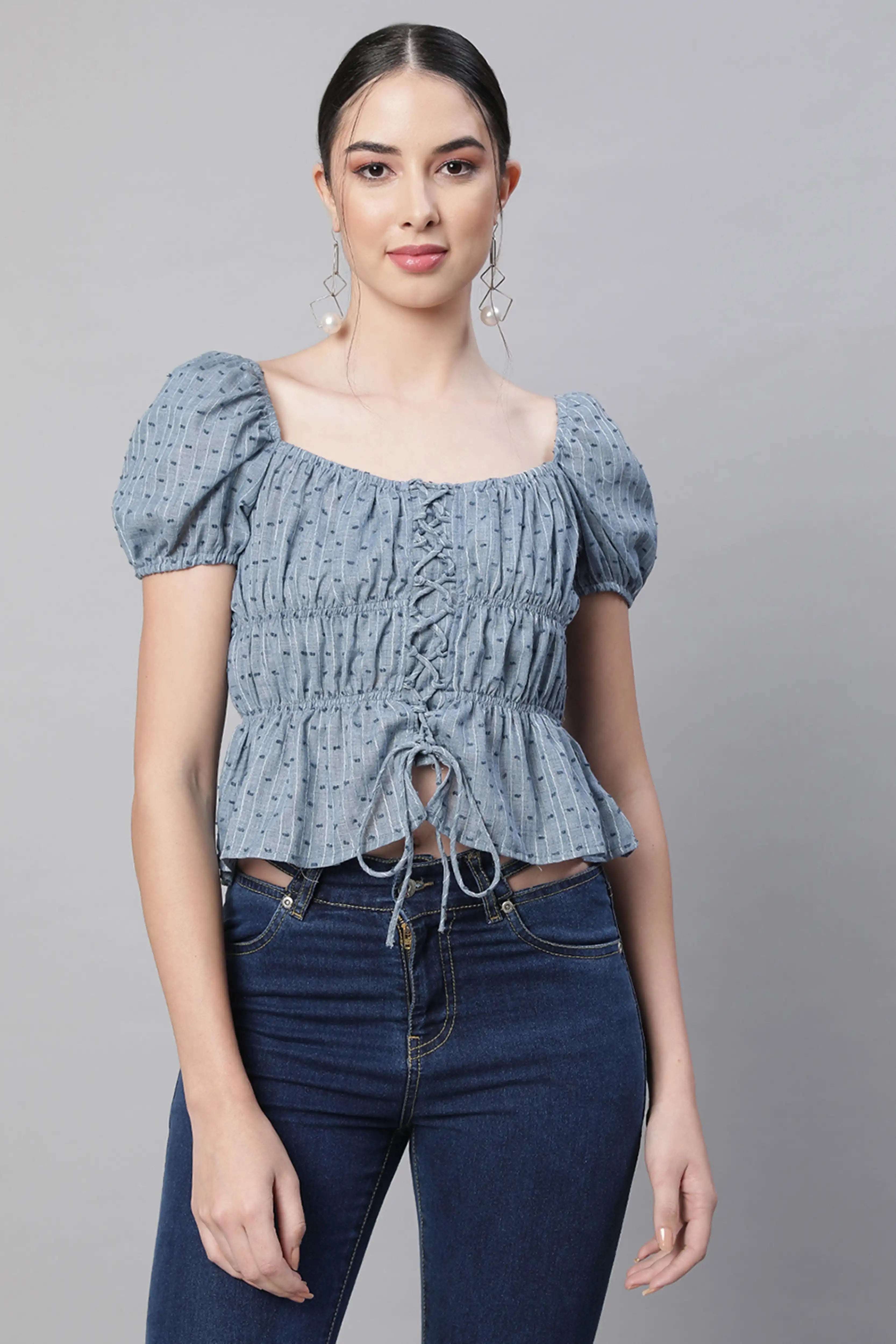 Blue Cotton Smocked Crop Top
