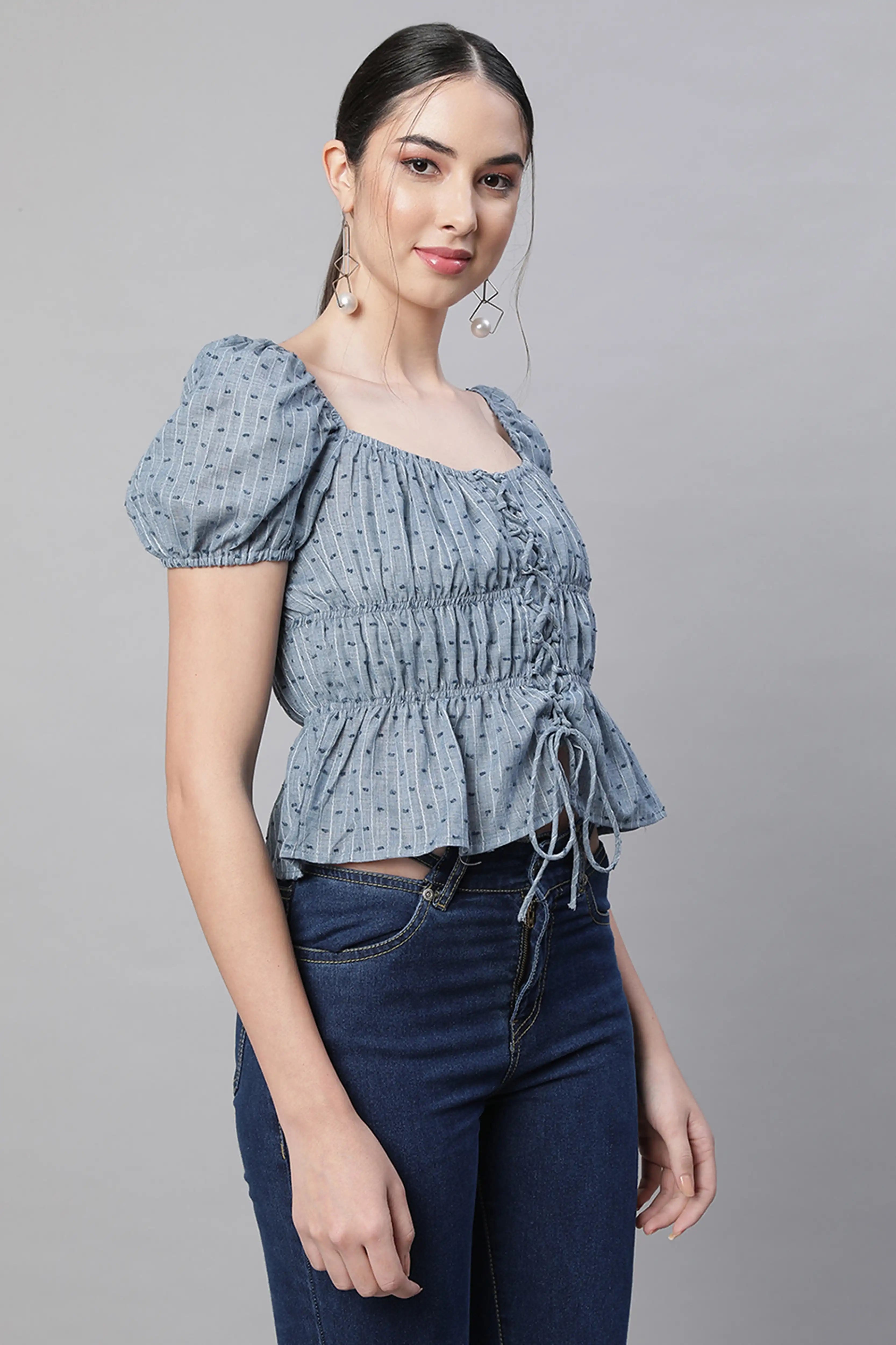 Blue Cotton Smocked Crop Top