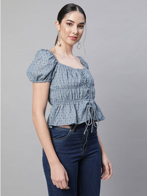 Blue Cotton Smocked Crop Top