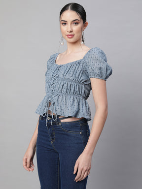 Blue Cotton Smocked Crop Top
