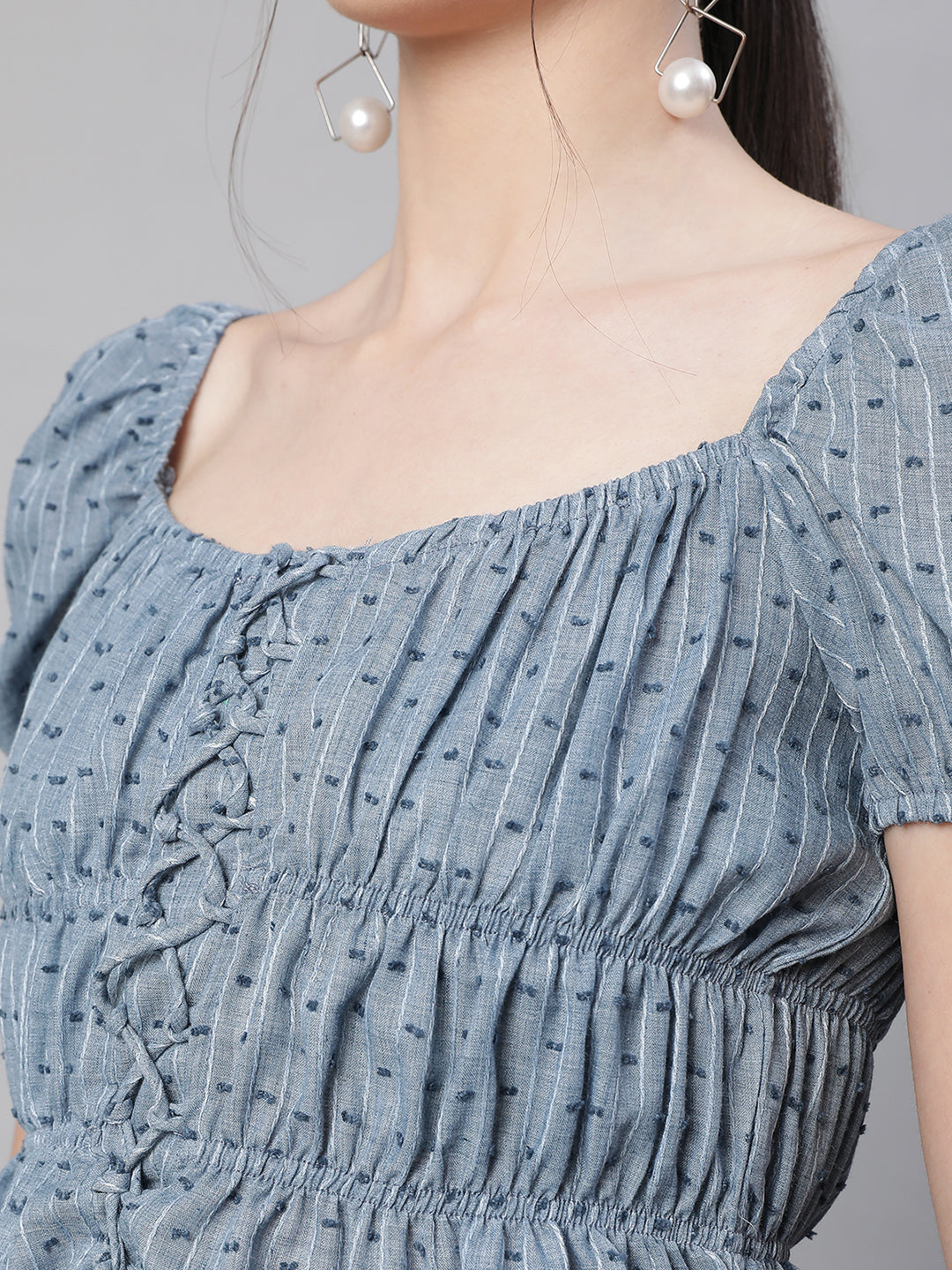 Blue Cotton Smocked Crop Top