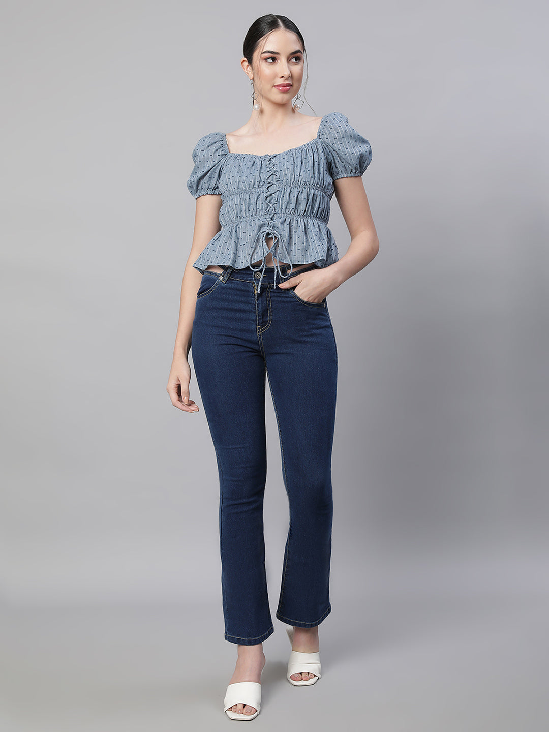 Blue Cotton Smocked Crop Top