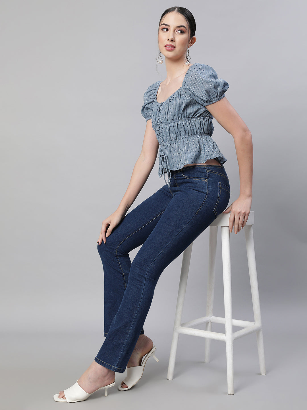 Blue Cotton Smocked Crop Top