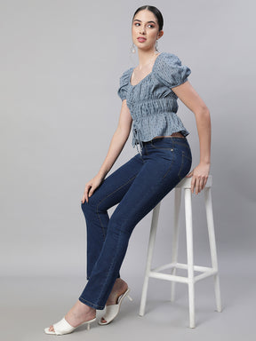 Blue Cotton Smocked Crop Top
