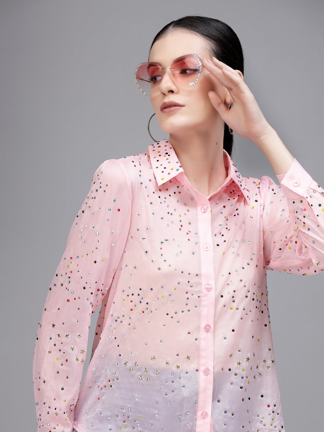 Pink Embellished Collar Neck Shirt