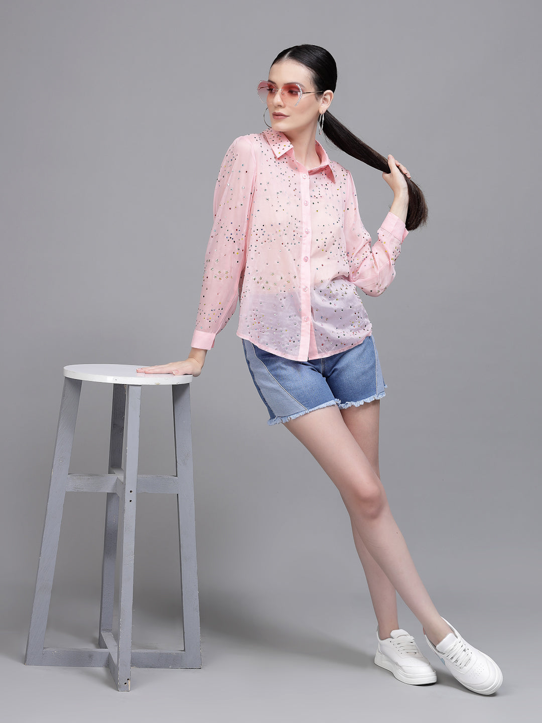 Pink Embellished Collar Neck Shirt