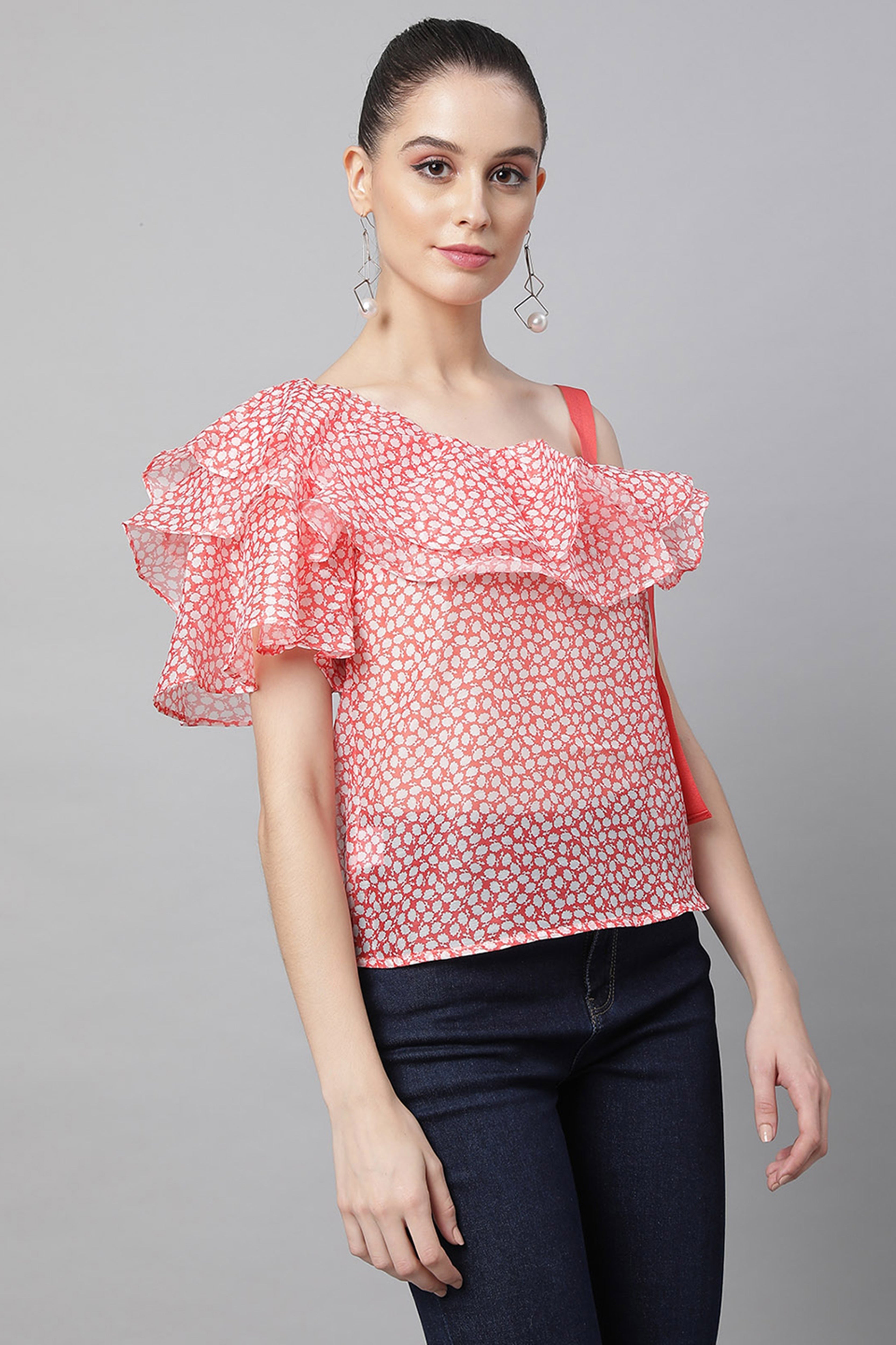 Red Printed Blouson Top