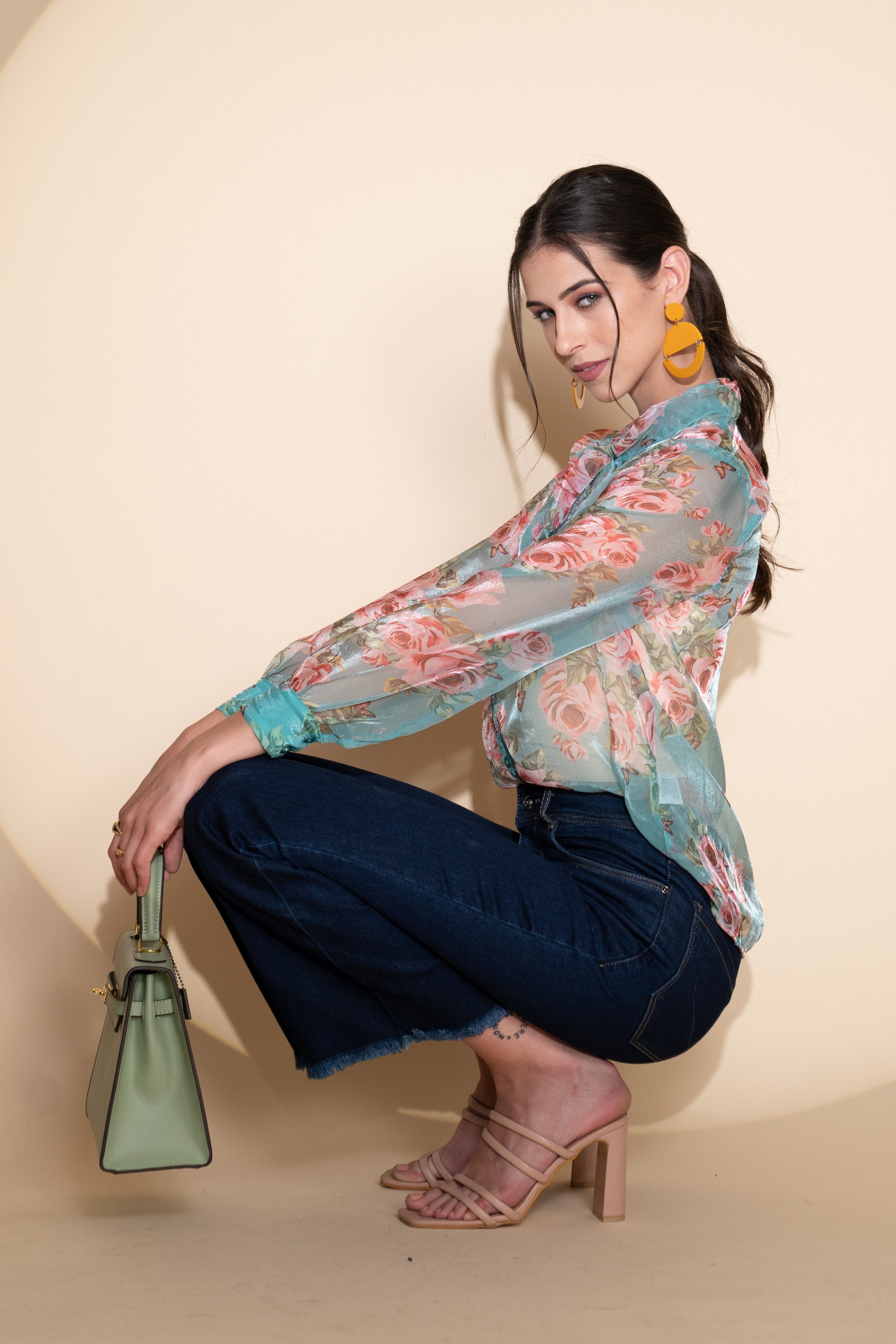 Blue Jabot Collar Floral Shirt