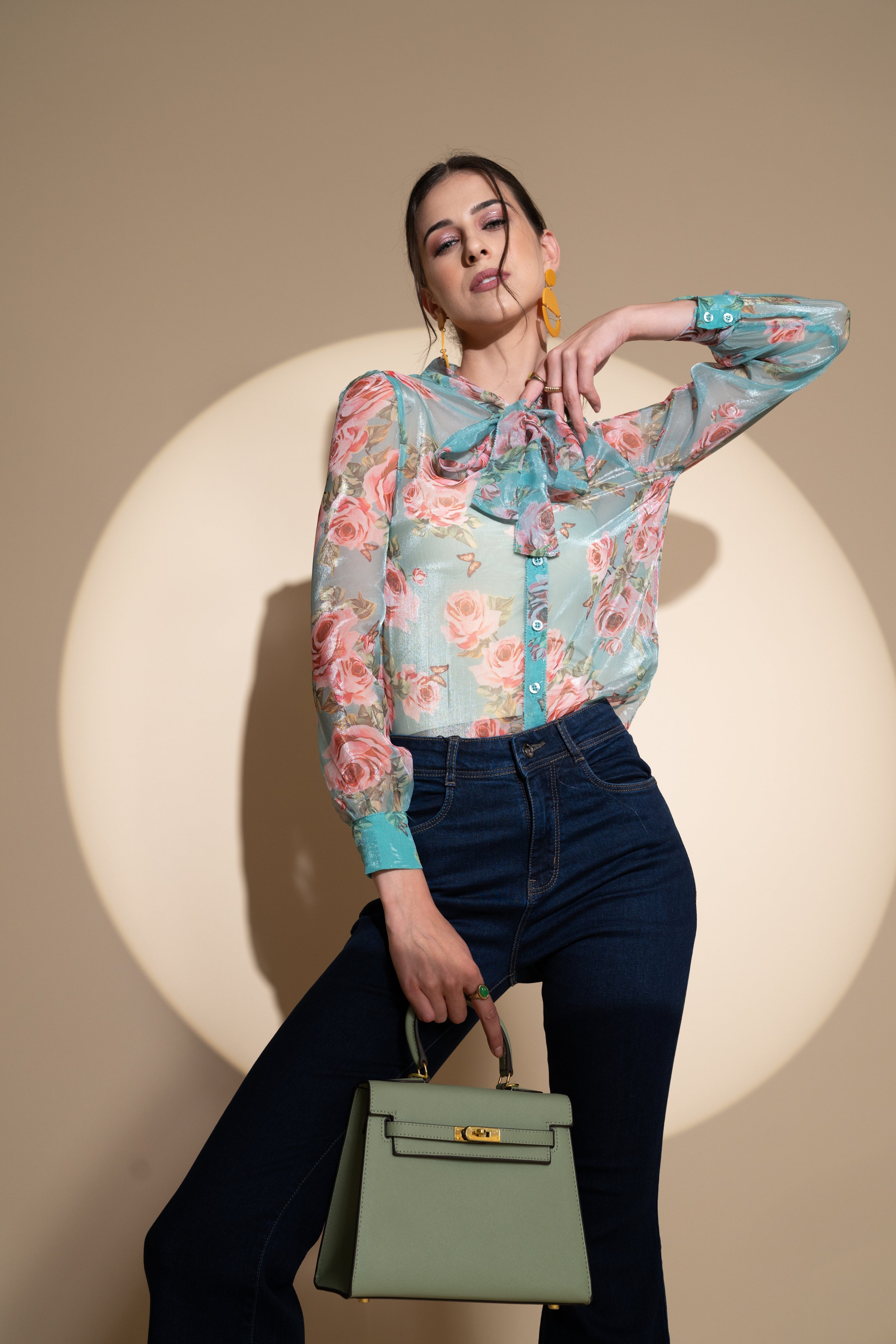 Blue Jabot Collar Floral Shirt