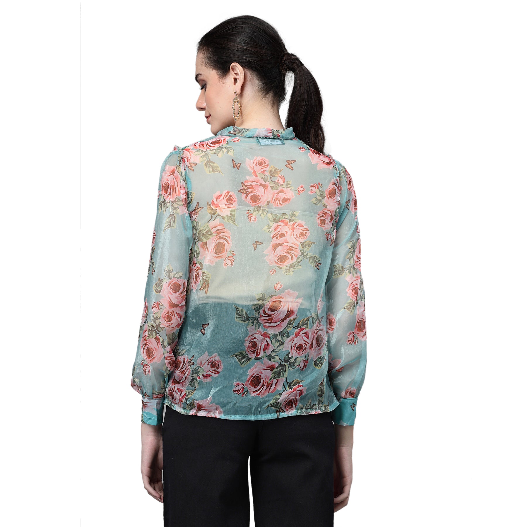 Blue Jabot Collar Floral Shirt