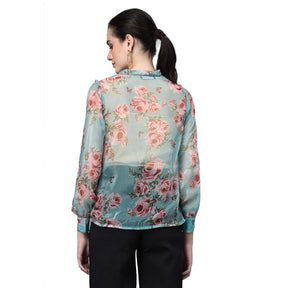 Blue Jabot Collar Floral Shirt