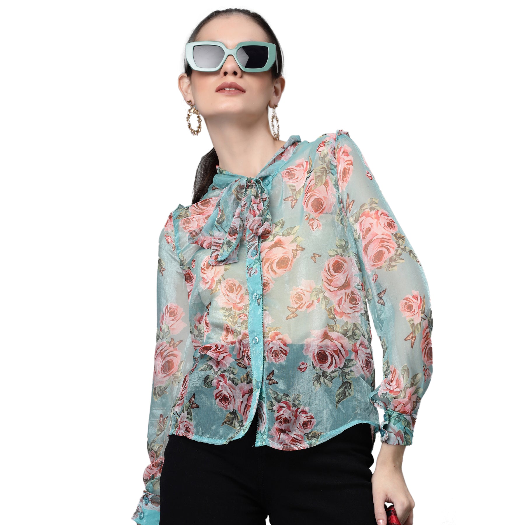 Blue Jabot Collar Floral Shirt