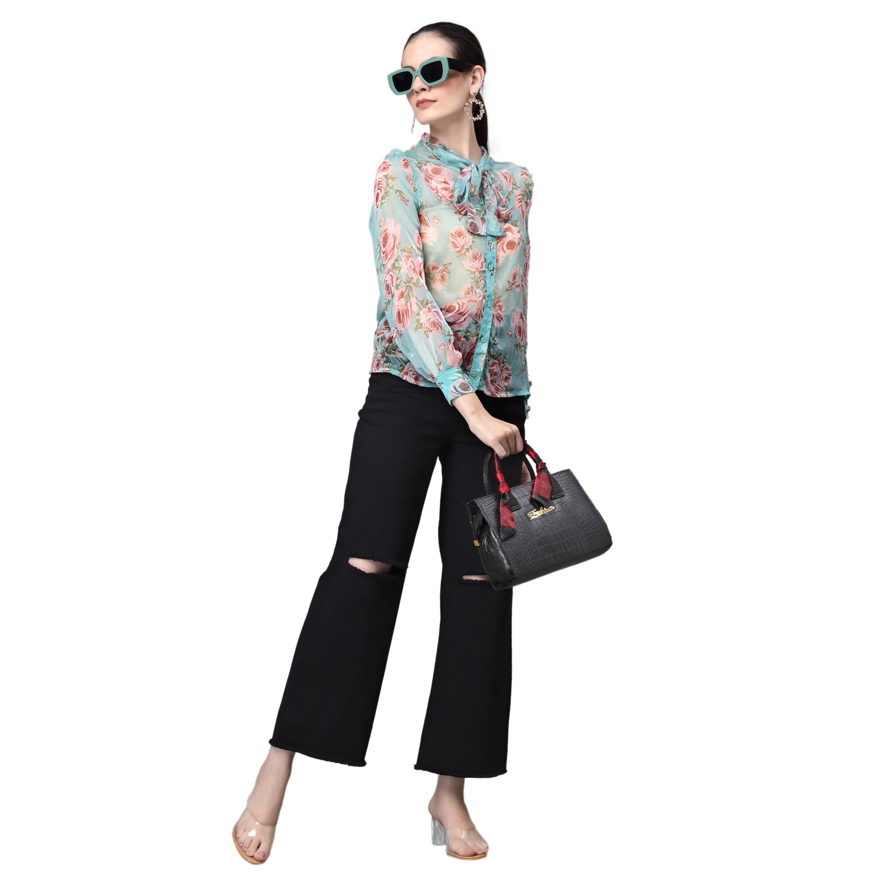 Blue Jabot Collar Floral Shirt