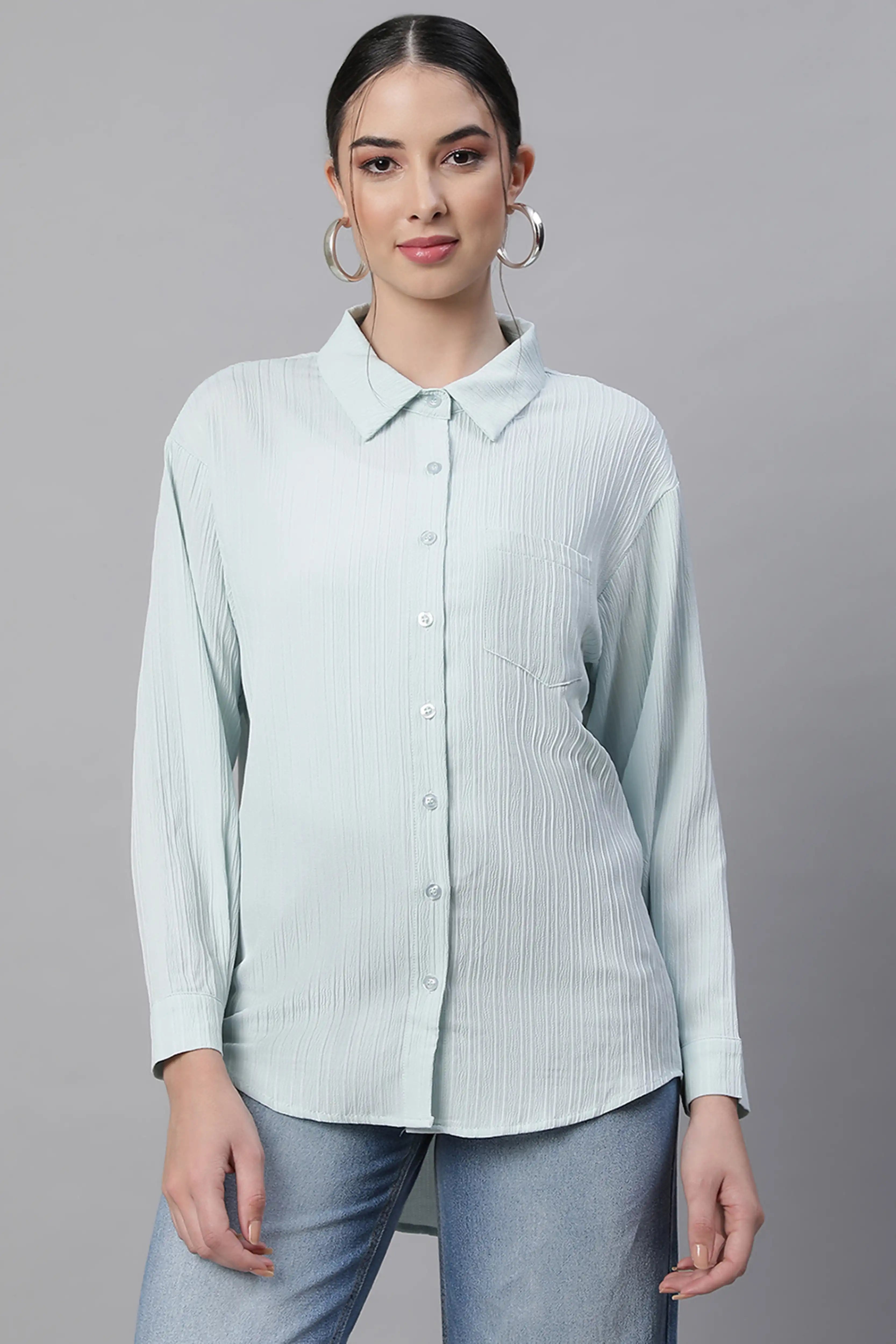 Sky Textured High-Low Cotton Shirt