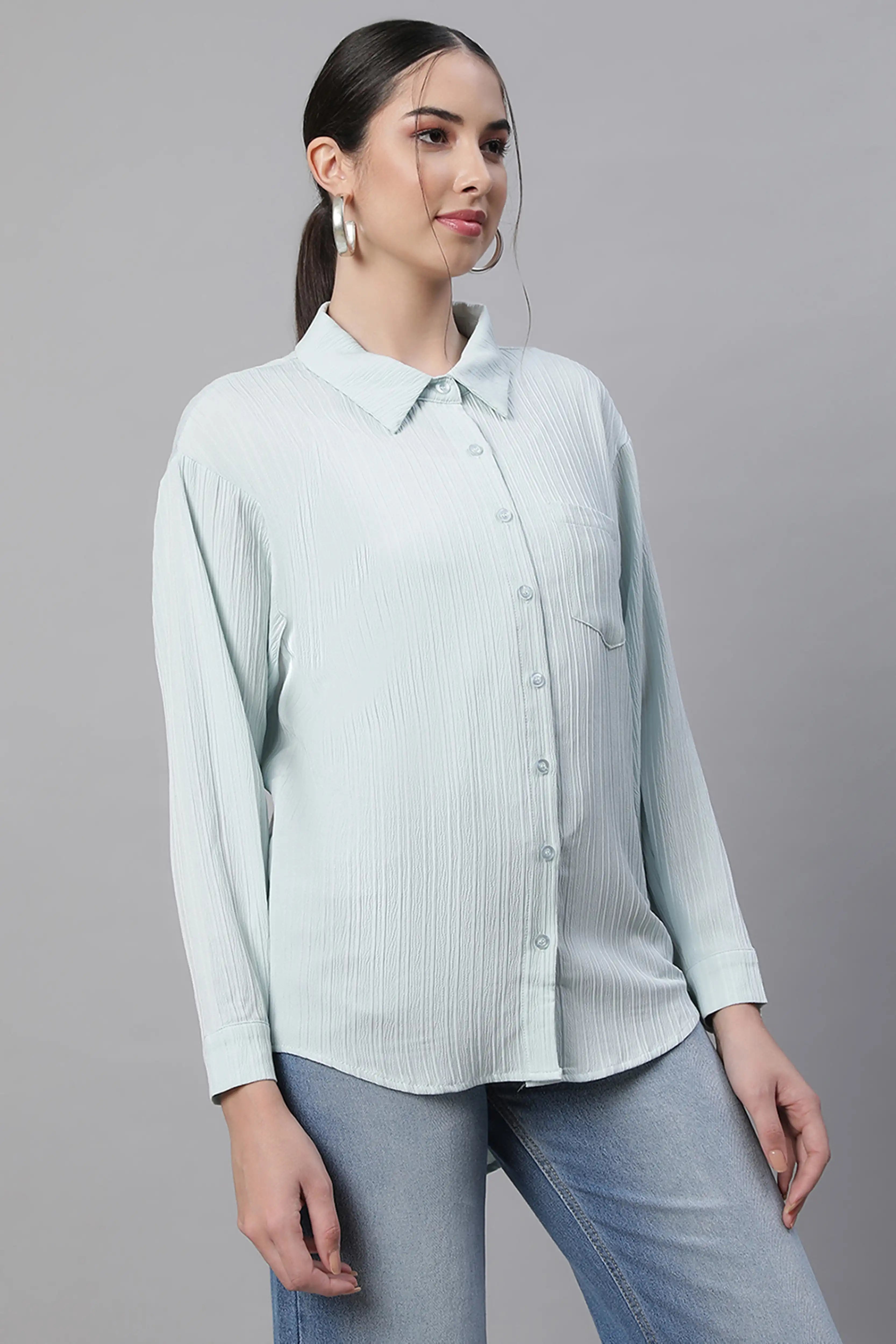 Sky Textured High-Low Cotton Shirt