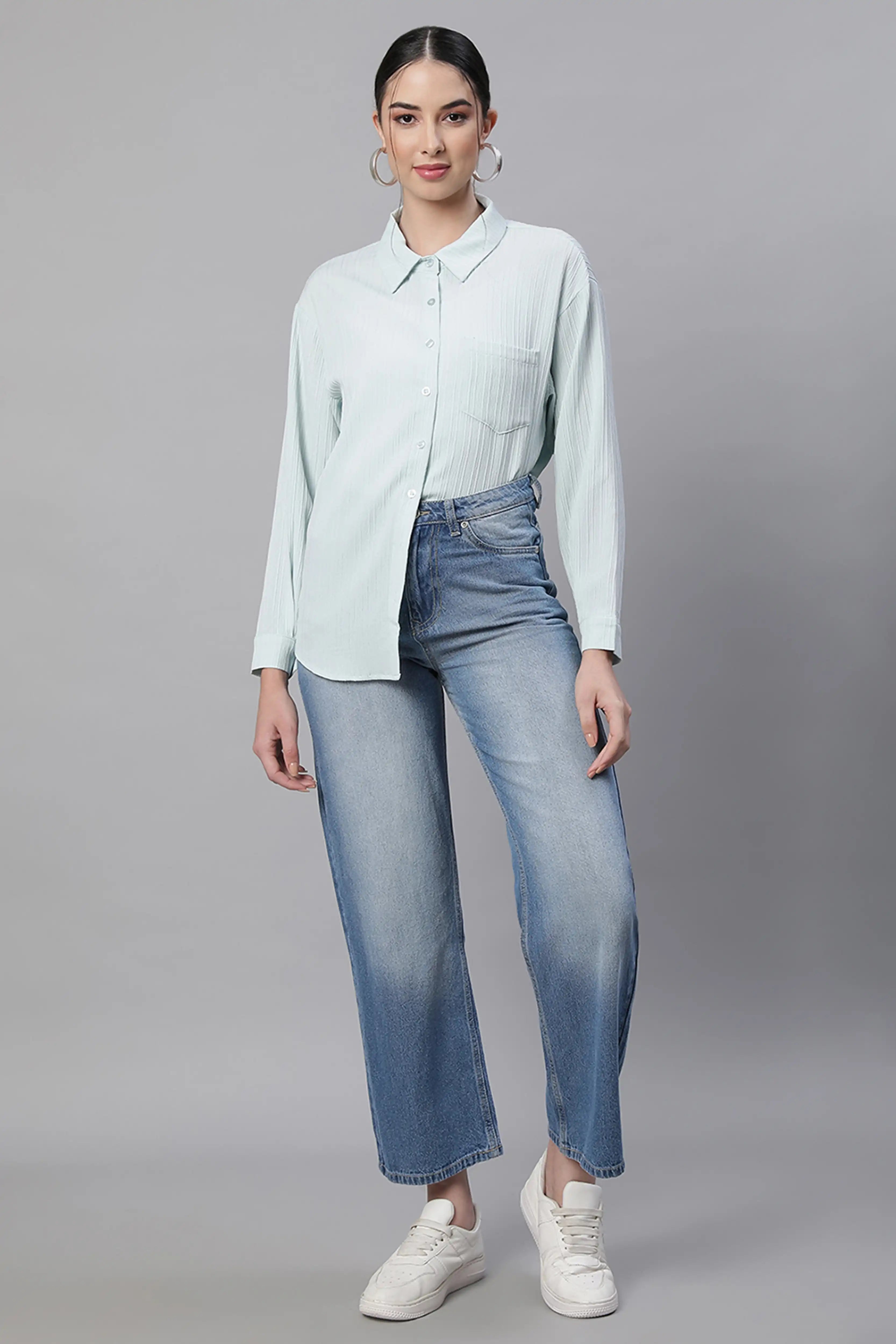 Sky Textured High-Low Cotton Shirt