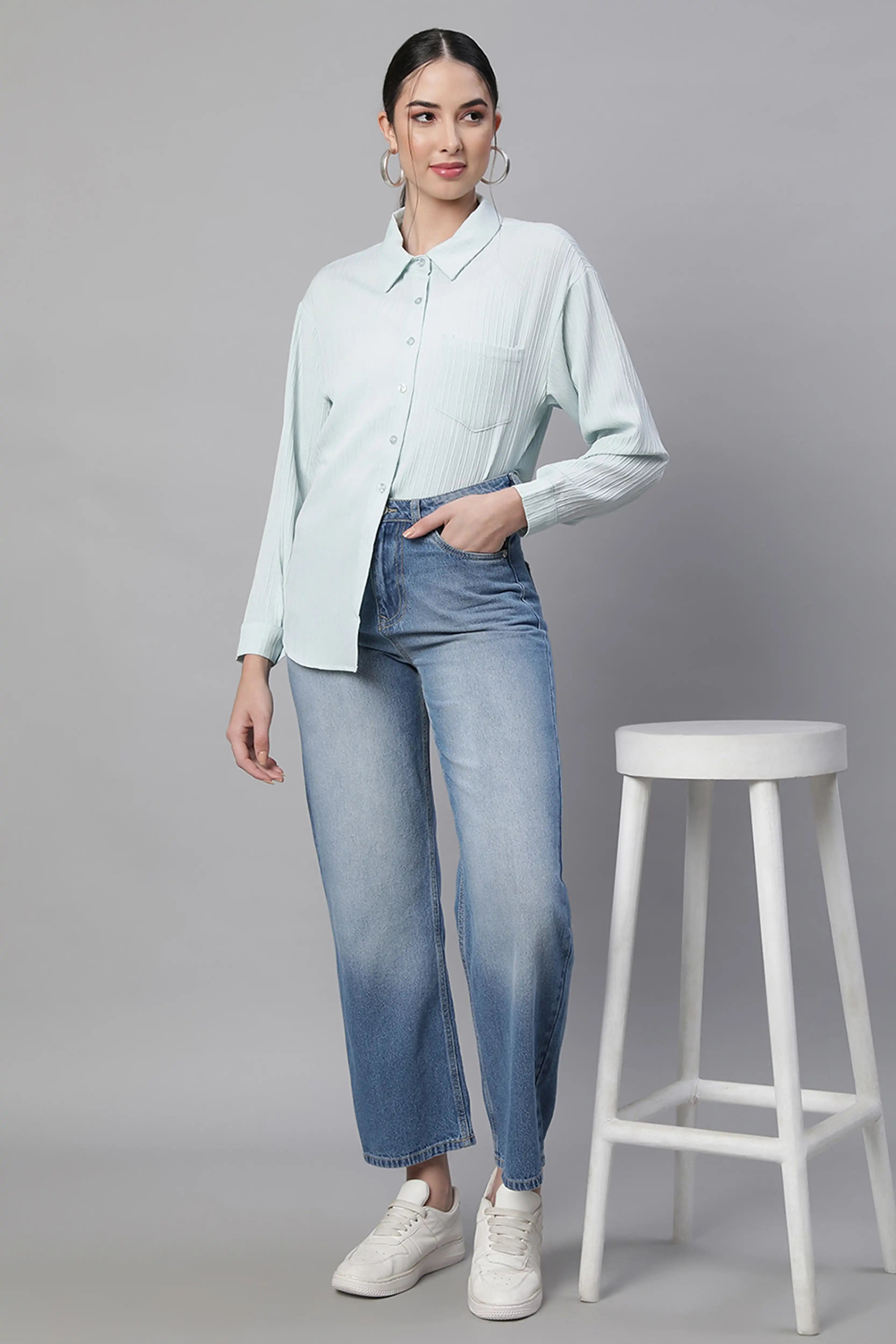 Sky Textured High-Low Cotton Shirt