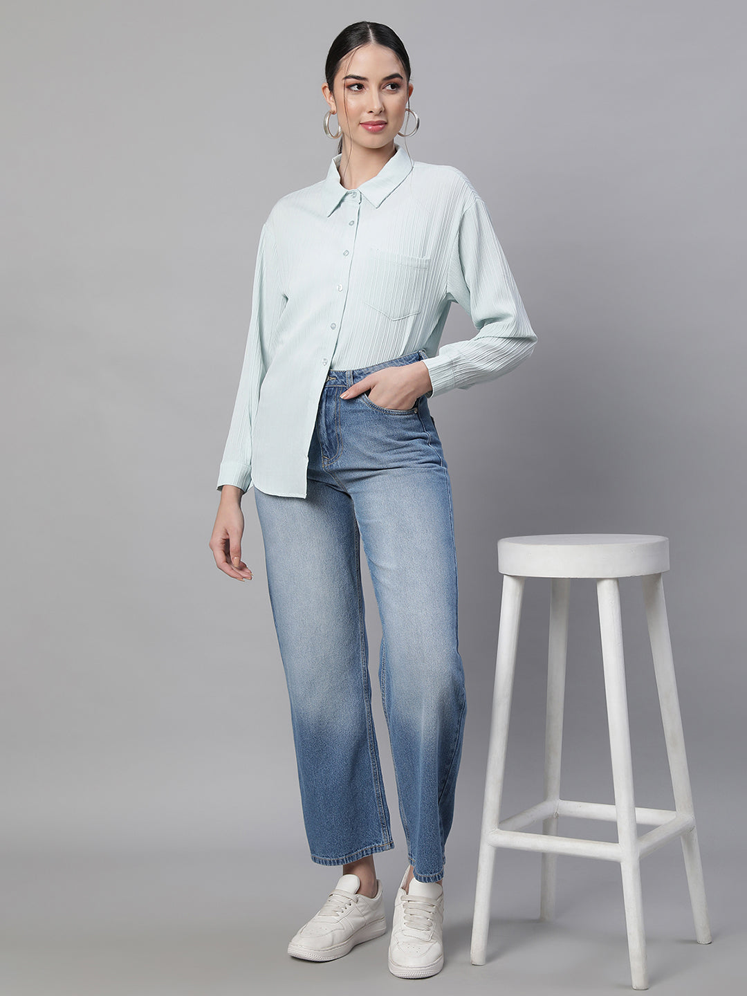 Sky Textured High-Low Cotton Shirt
