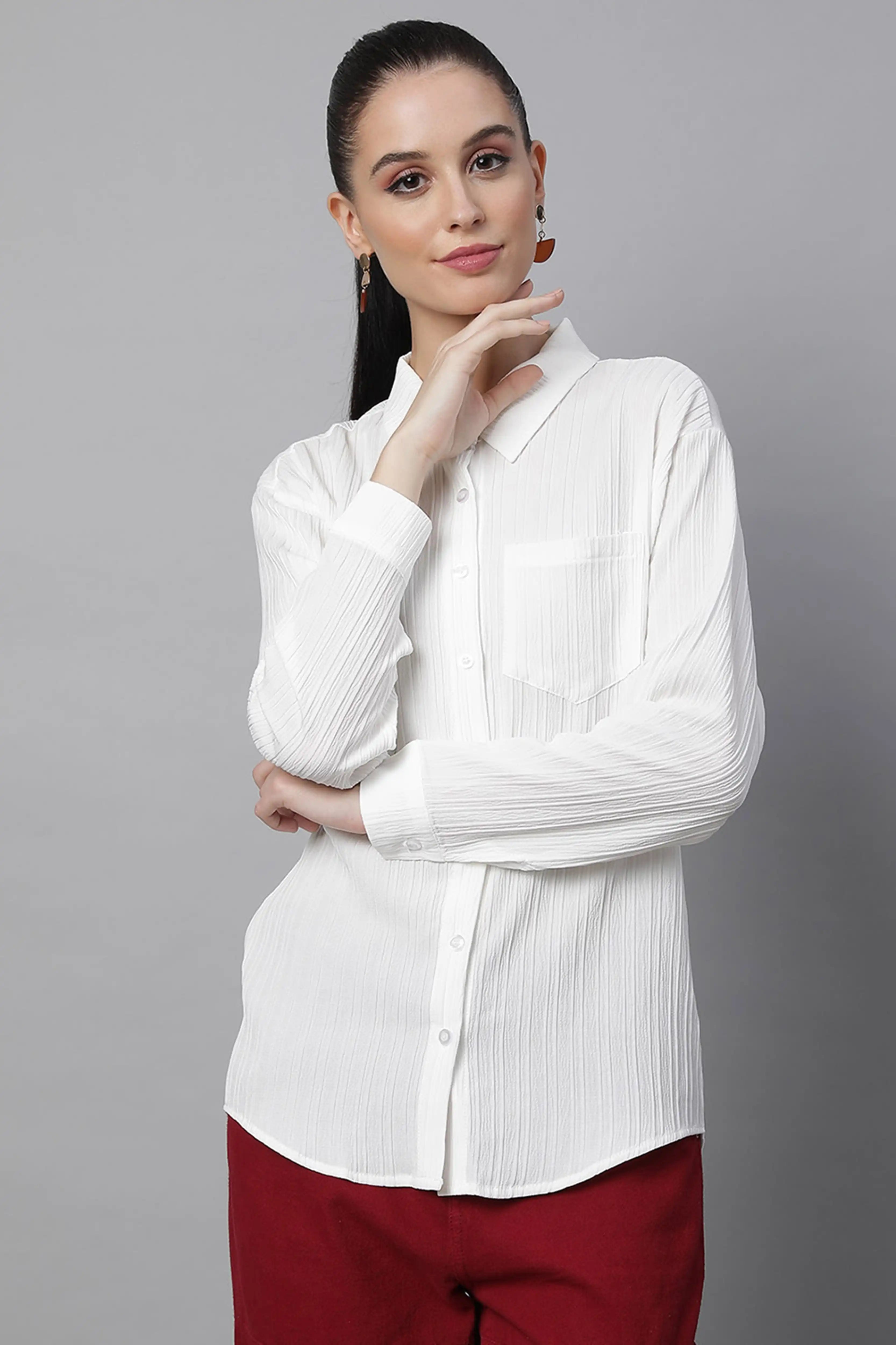 White Textured High-Low Cotton Shirt