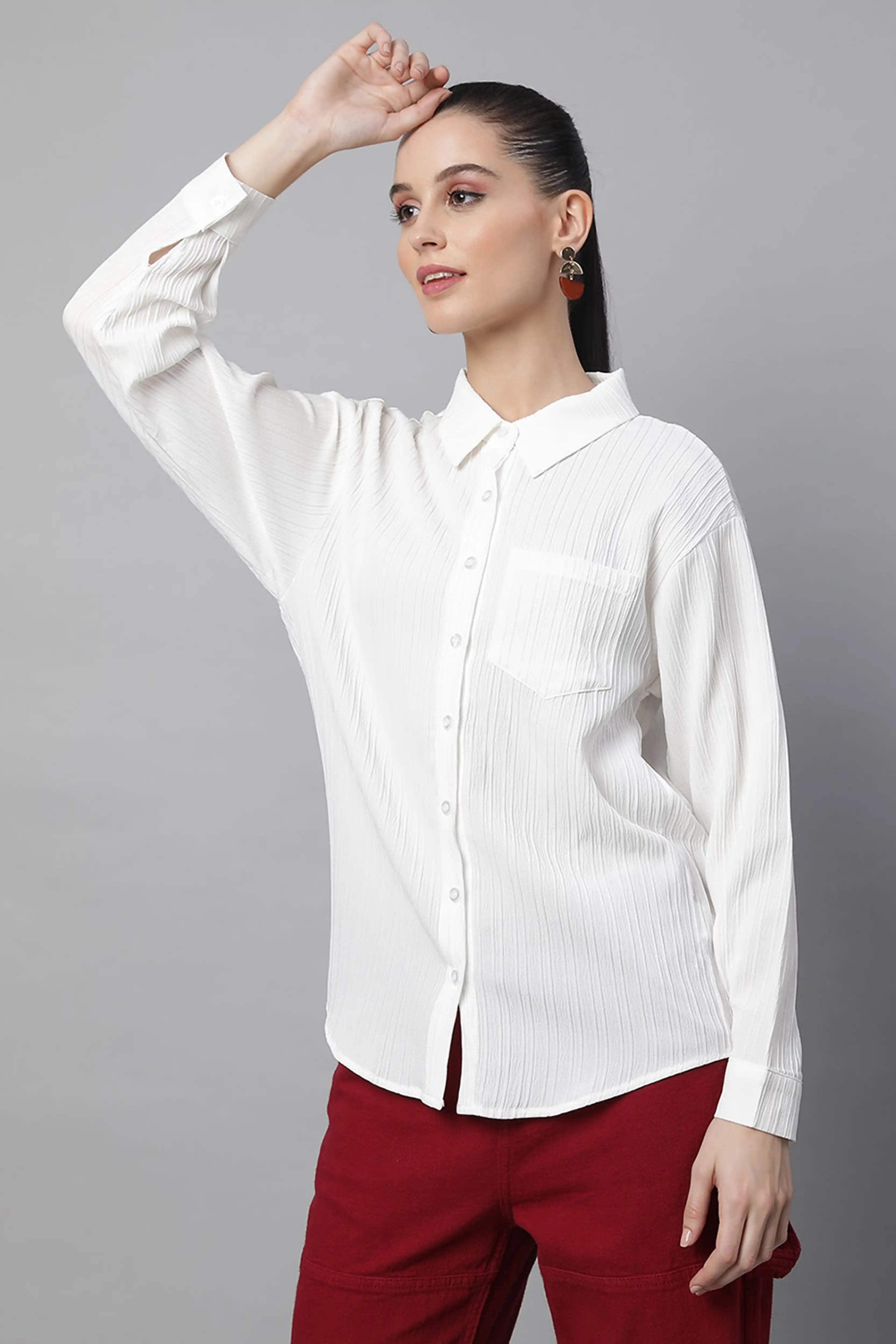 White Textured High-Low Cotton Shirt