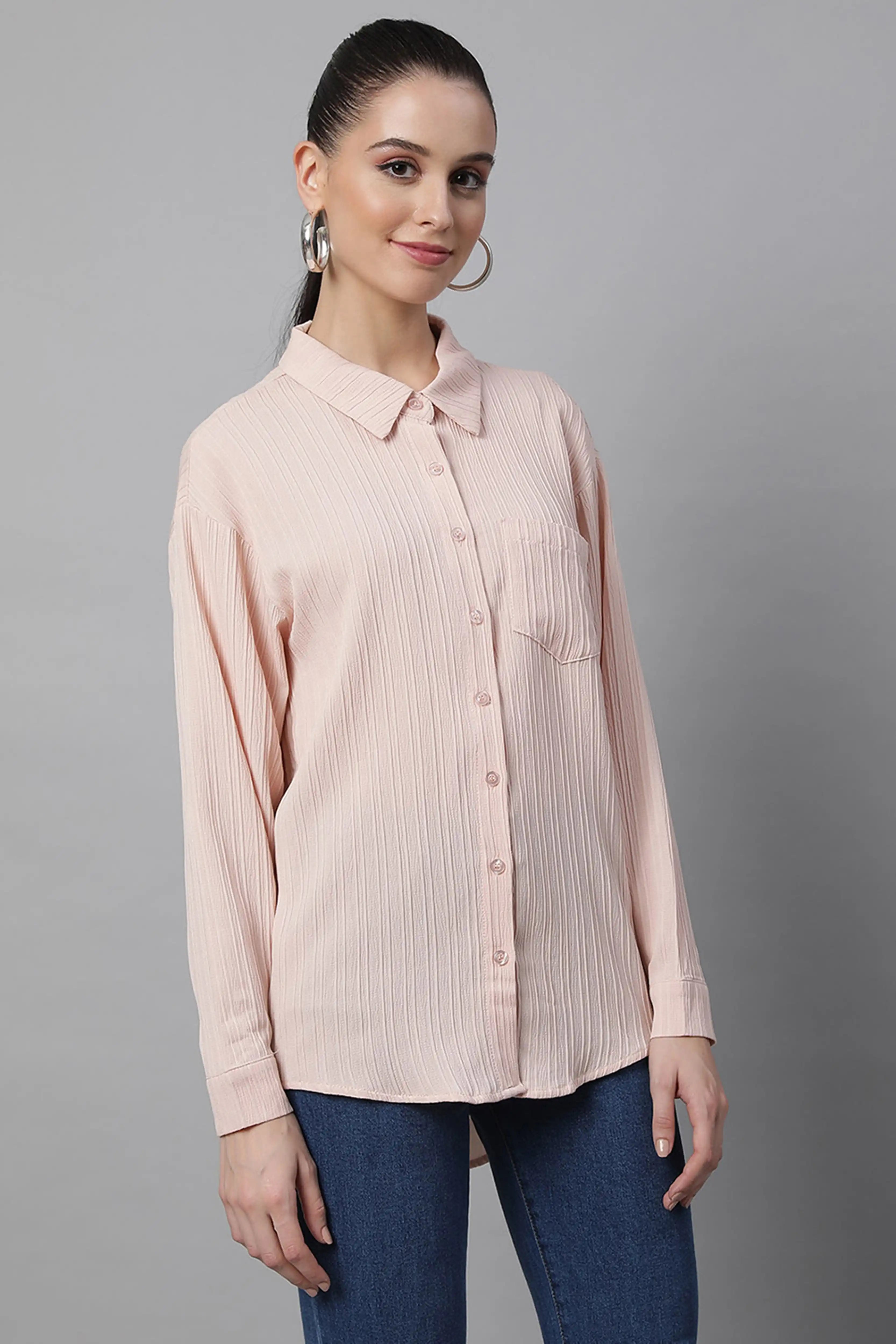 Pink Textured High-Low Cotton Shirt