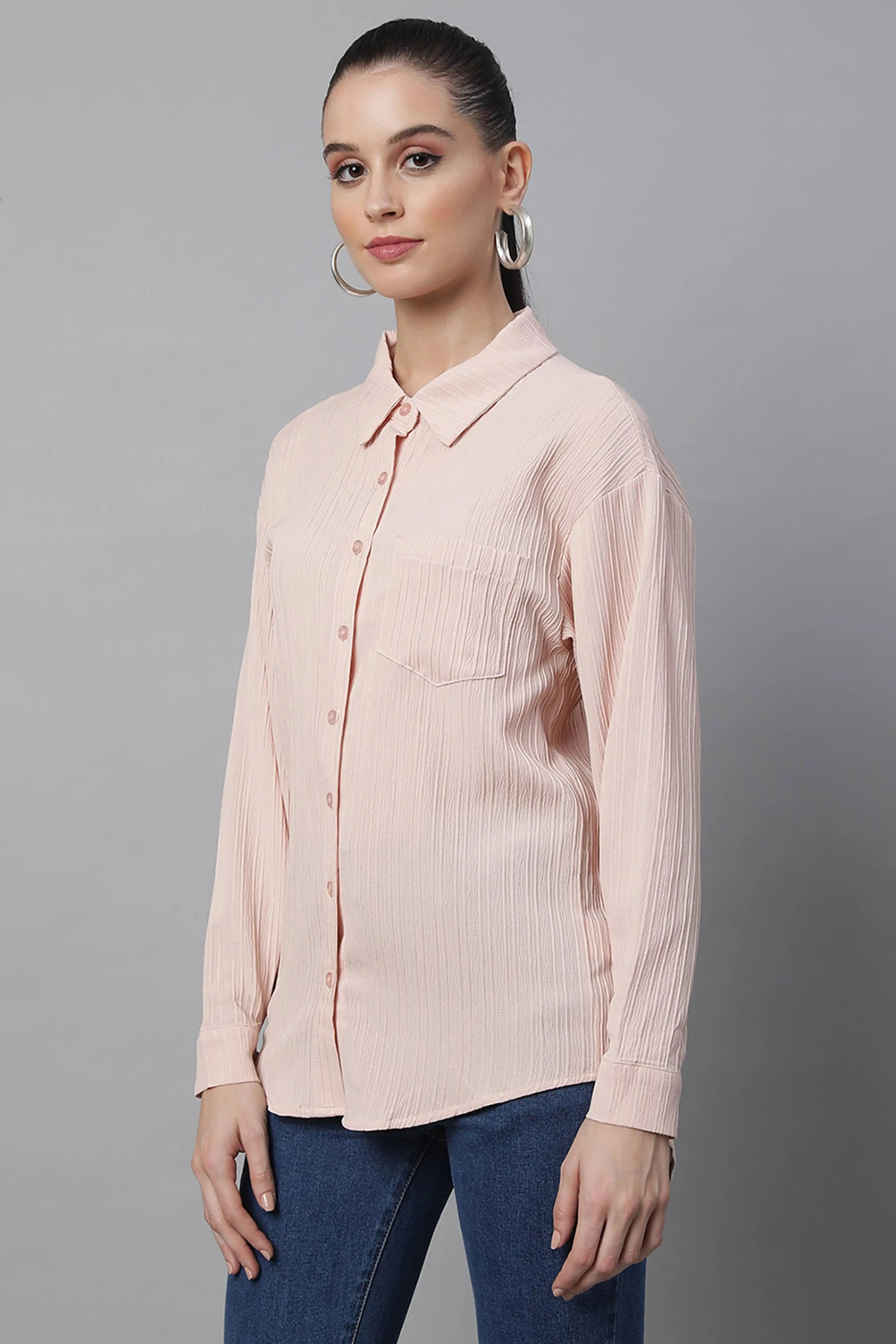 Pink Textured High-Low Cotton Shirt